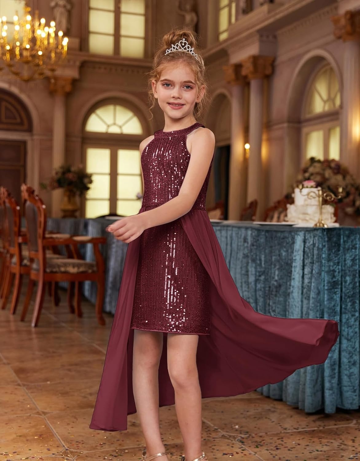 image:imageGRACE KARIN Girls Halter Neck Sequin Dress Kids Fancy Formal Party Christmas Sparkly Pageant Birthday DressesWine Red