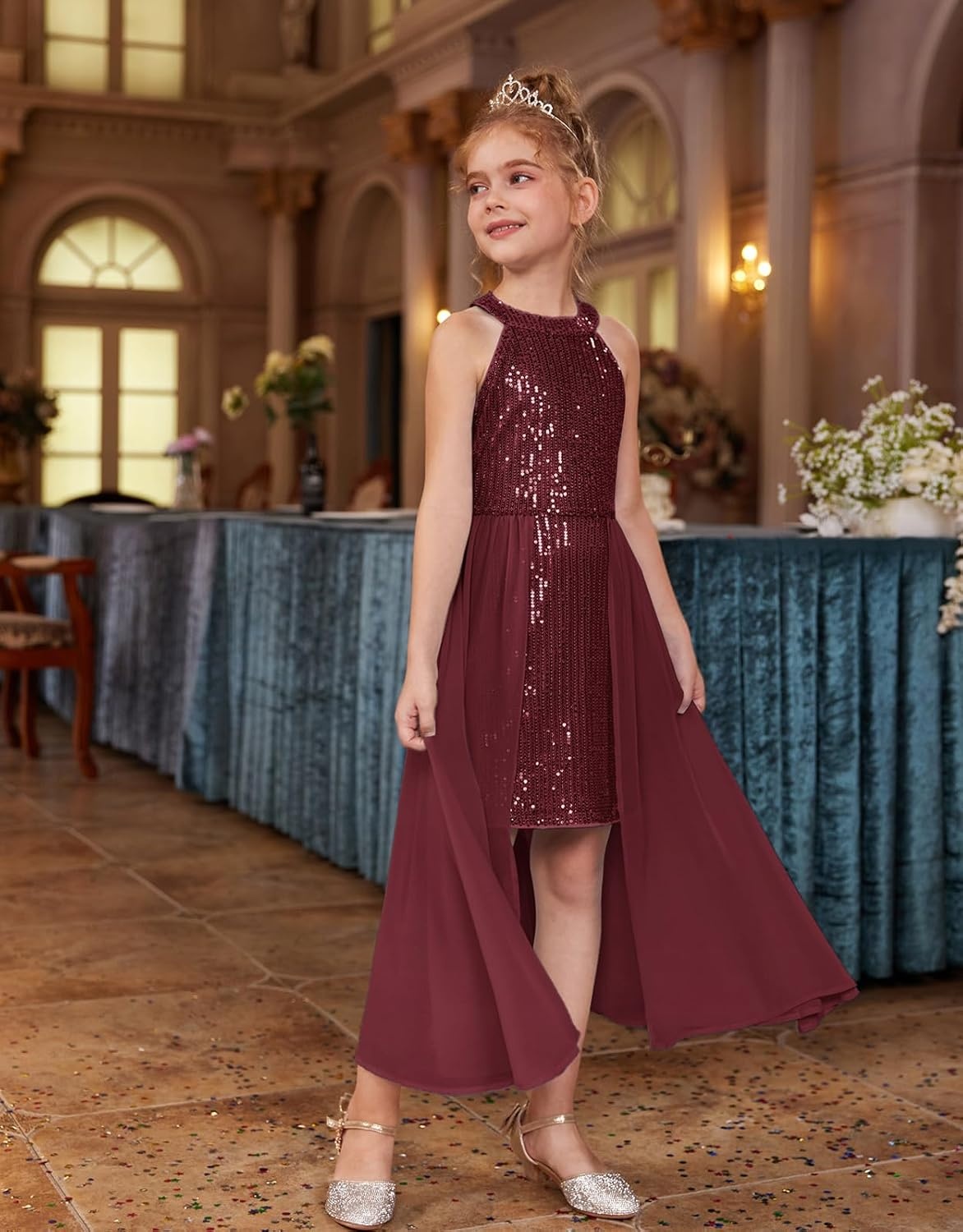 image:imageGRACE KARIN Girls Halter Neck Sequin Dress Kids Fancy Formal Party Christmas Sparkly Pageant Birthday DressesWine Red