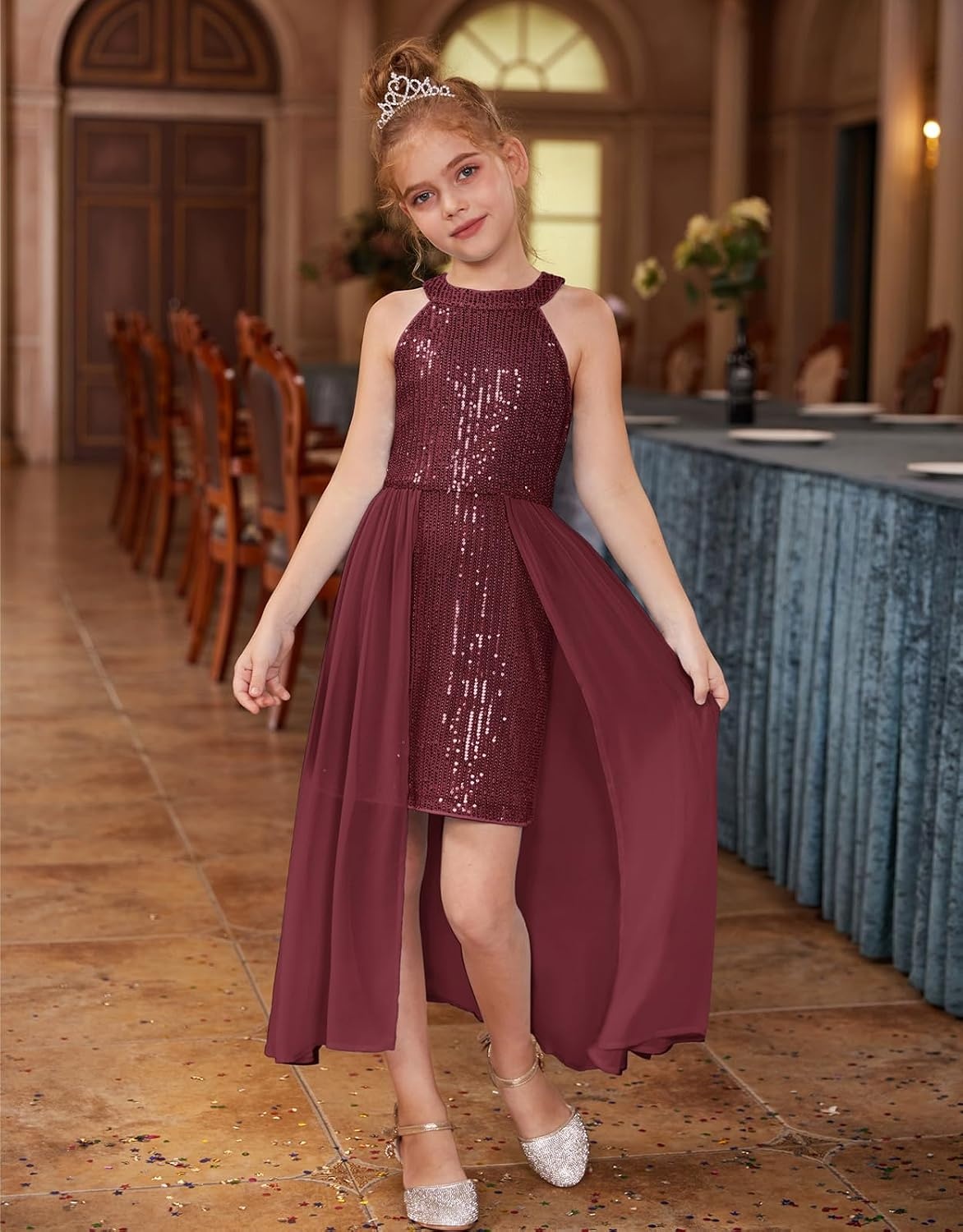 image:imageGRACE KARIN Girls Halter Neck Sequin Dress Kids Fancy Formal Party Christmas Sparkly Pageant Birthday DressesWine Red