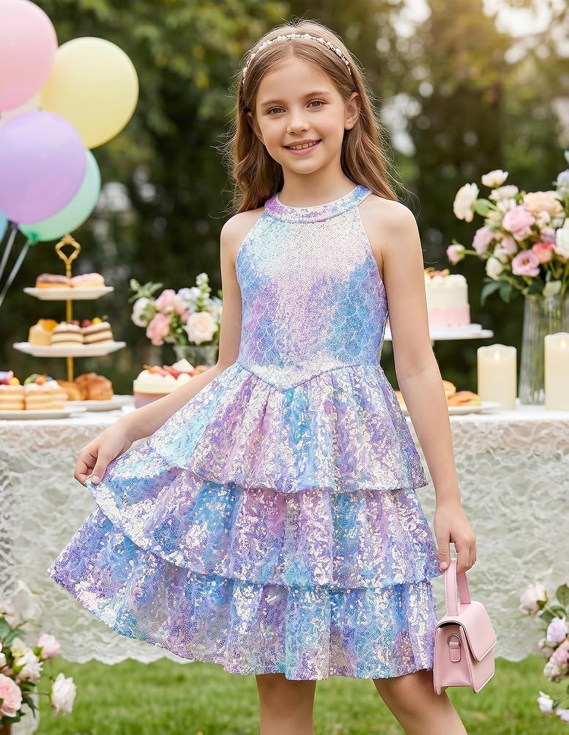 image:imageGRACE KARIN Girls Halter Neck Sparkly Sequin Party Formal Fancy Dress 614Colorful Mermaid