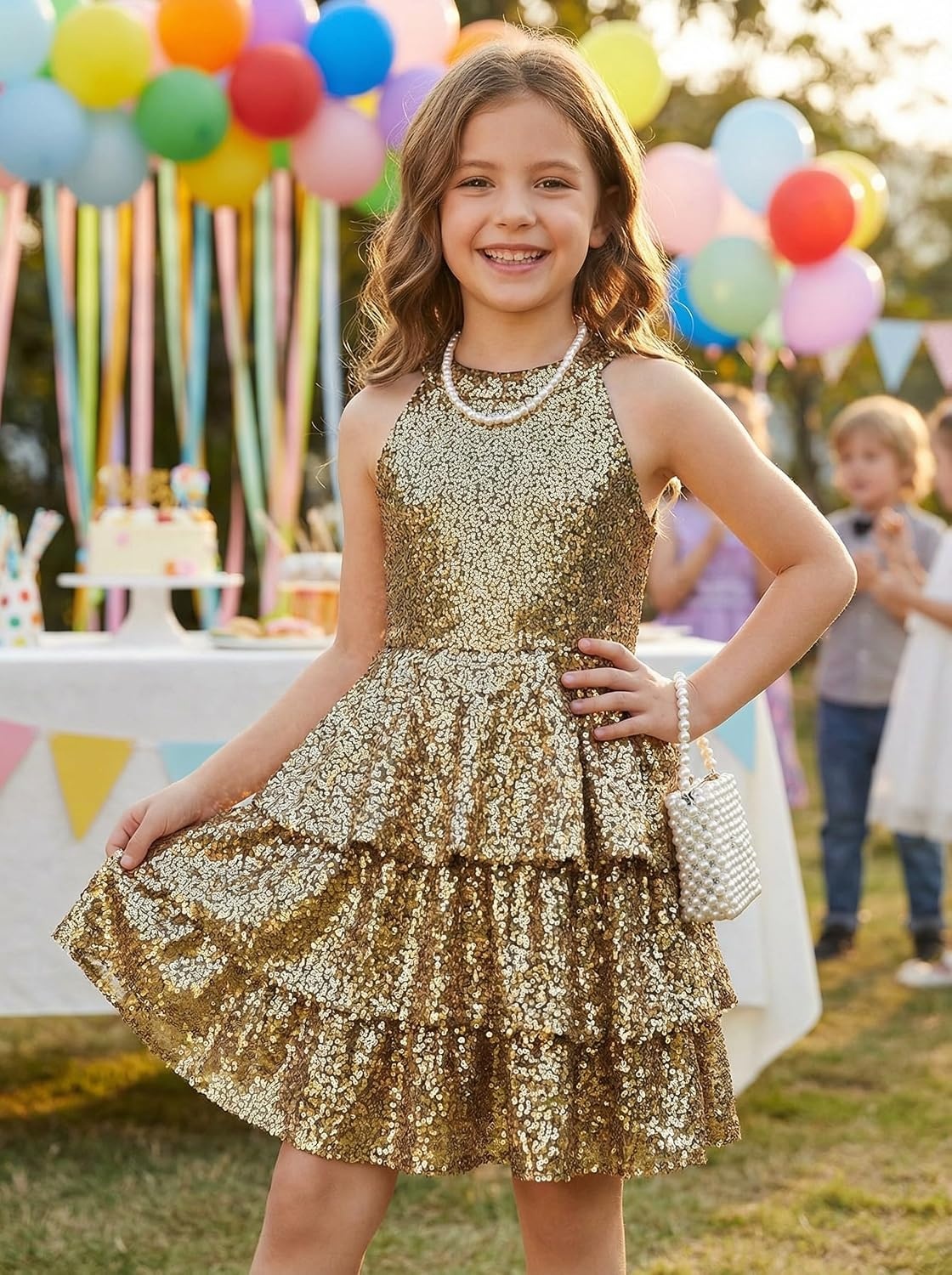 image:imageGRACE KARIN Girls Halter Neck Sparkly Sequin Party Formal Fancy Dress 614Gold Black