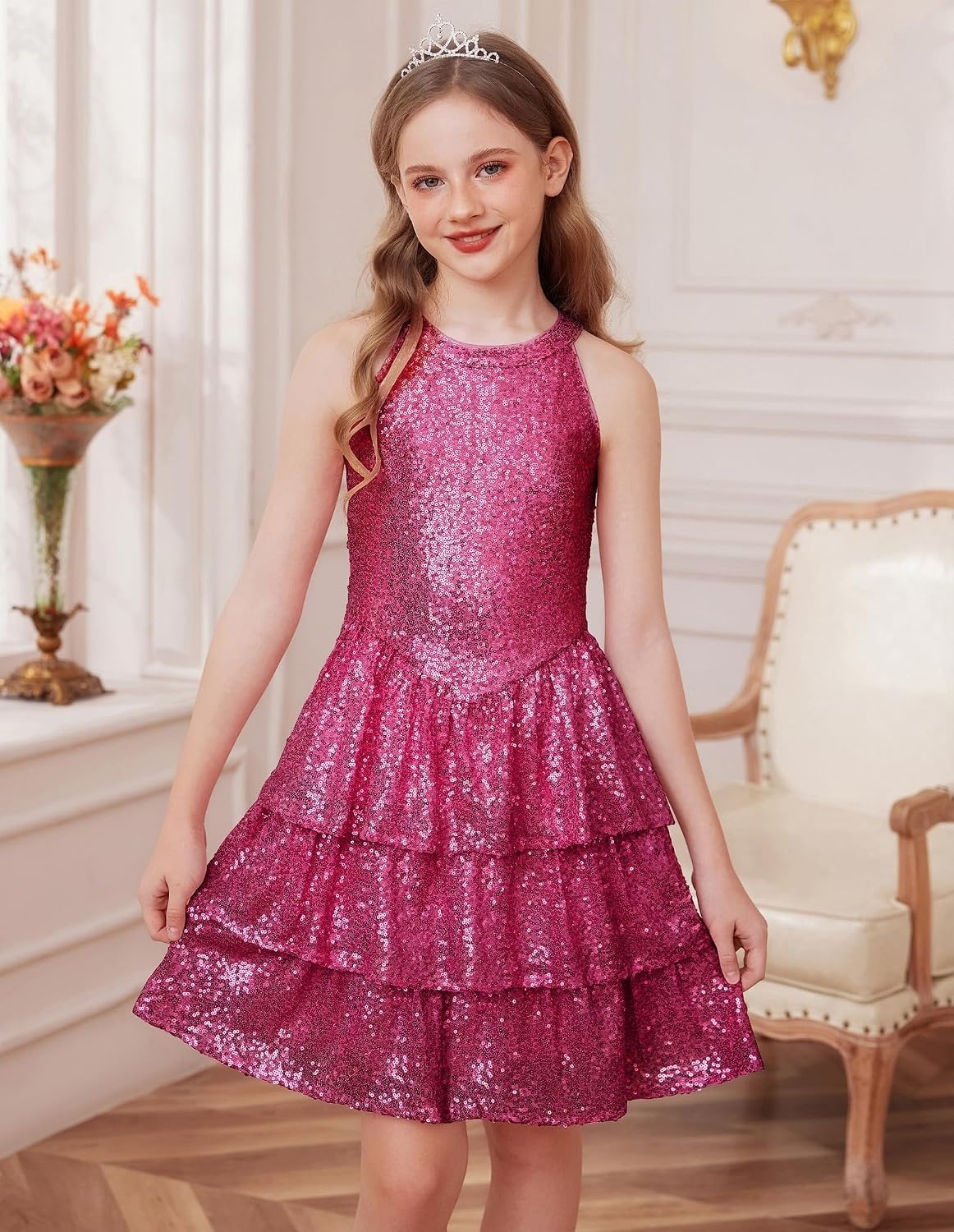 image:imageGRACE KARIN Girls Halter Neck Sparkly Sequin Party Formal Fancy Dress 614Hot Pink