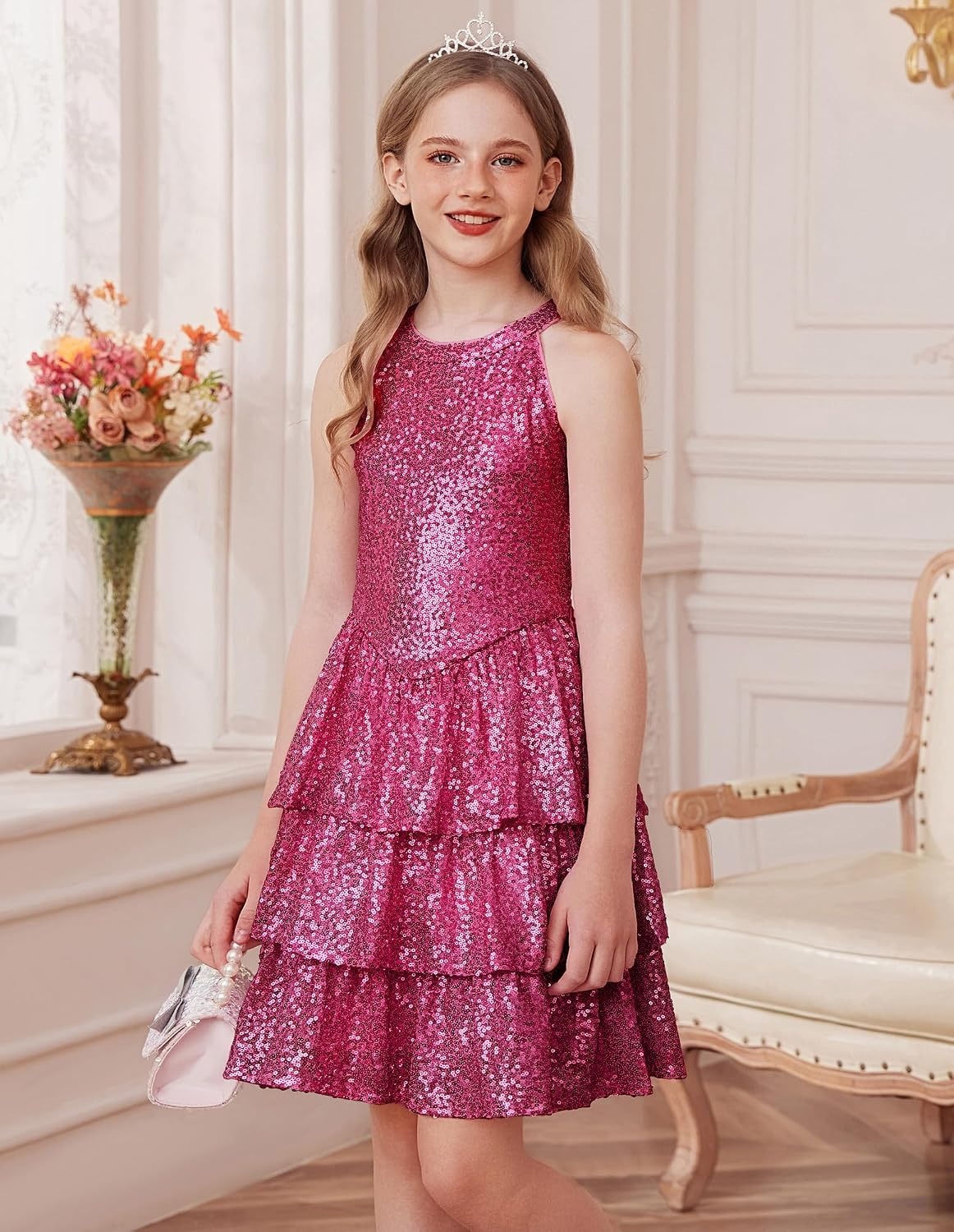 image:imageGRACE KARIN Girls Halter Neck Sparkly Sequin Party Formal Fancy Dress 614Hot Pink