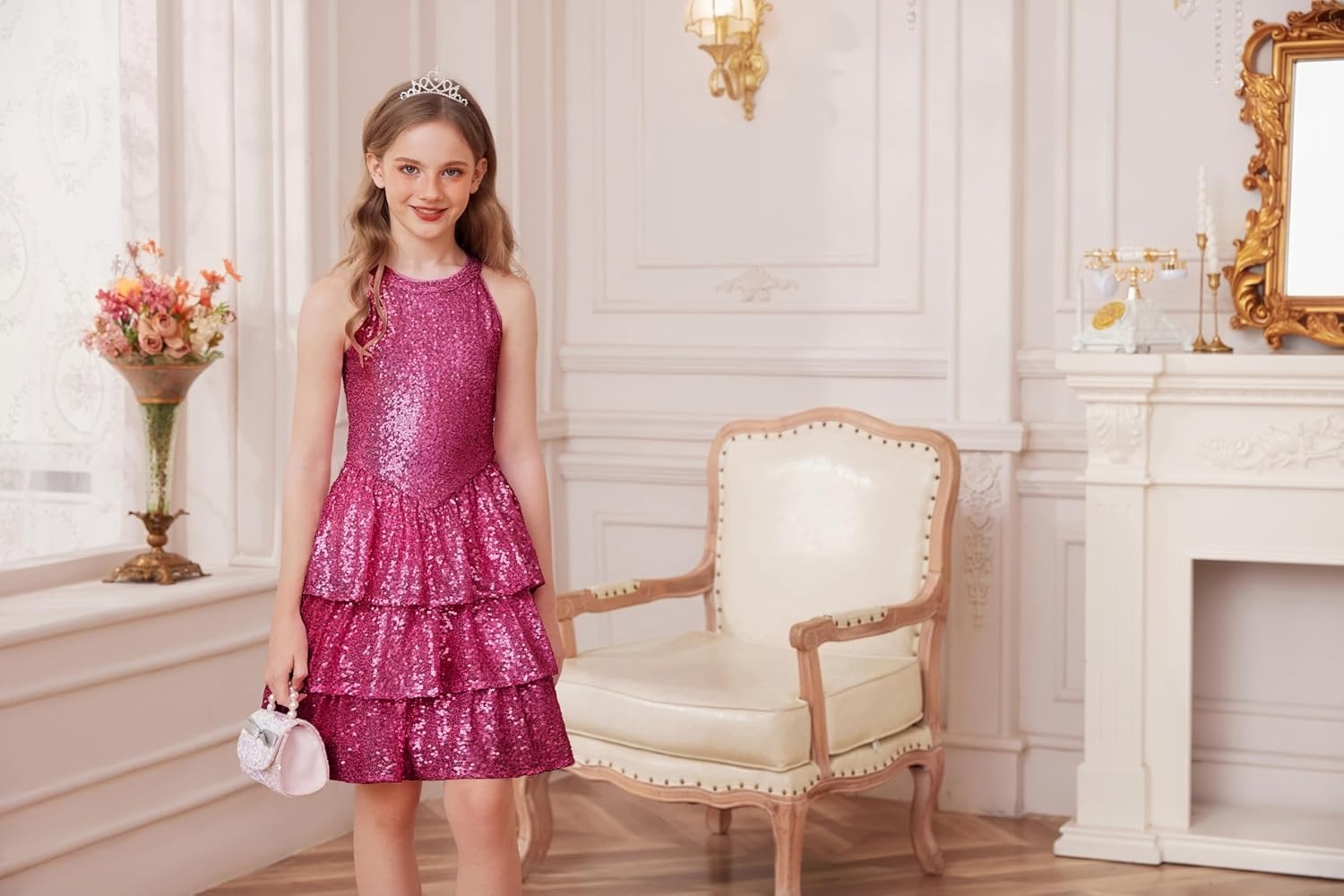image:imageGRACE KARIN Girls Halter Neck Sparkly Sequin Party Formal Fancy Dress 614Hot Pink