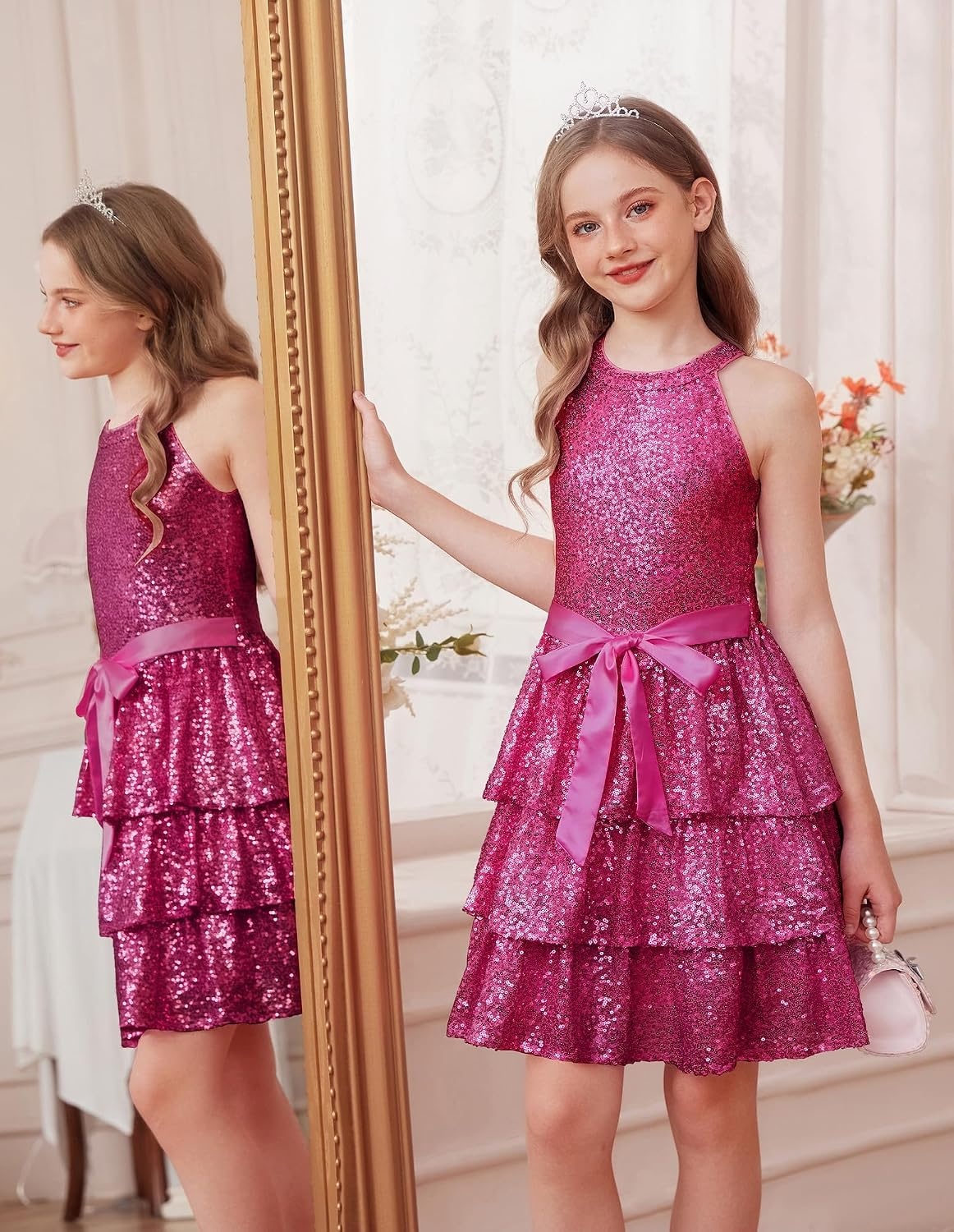 image:imageGRACE KARIN Girls Halter Neck Sparkly Sequin Party Formal Fancy Dress 614Hot Pink