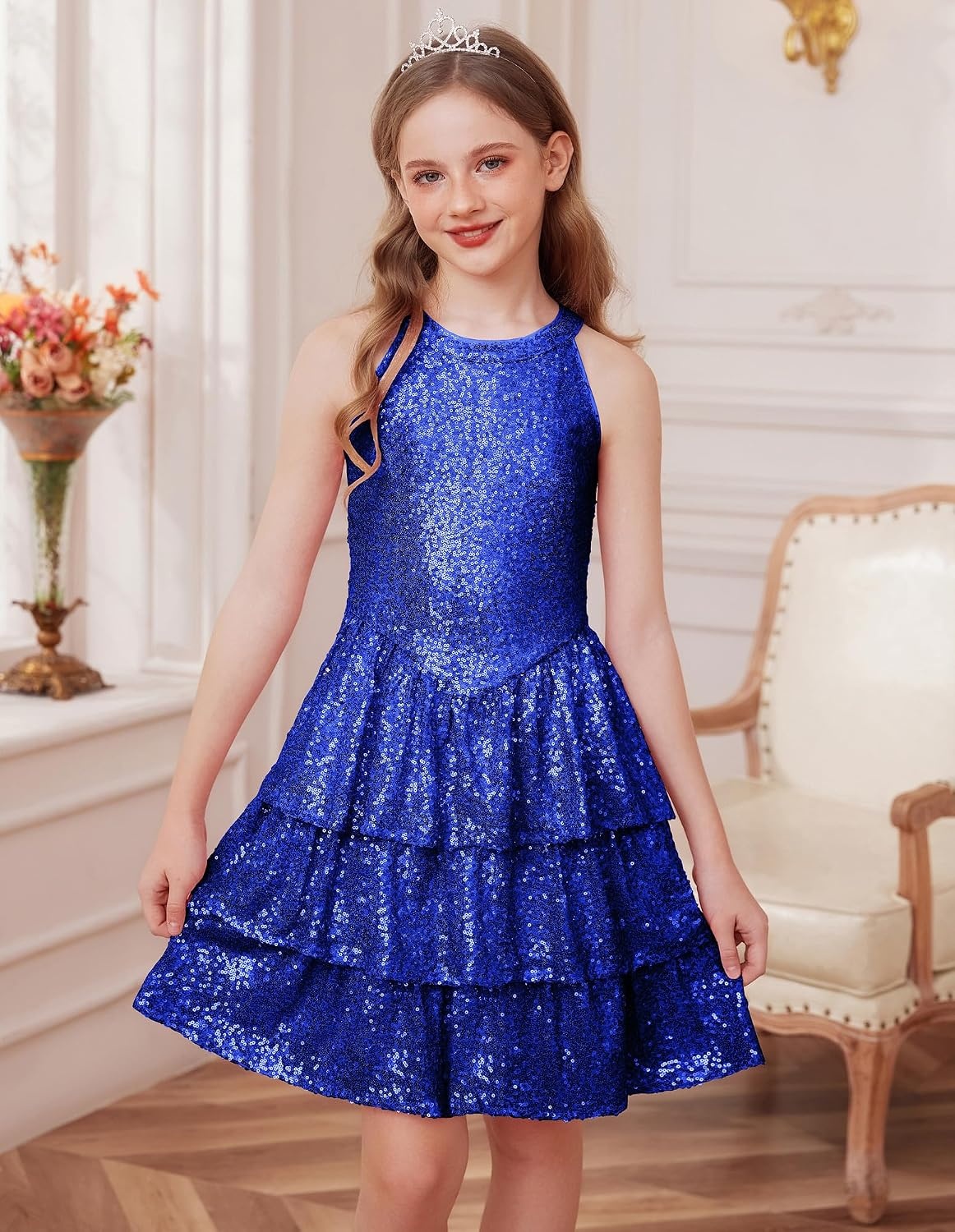 image:imageGRACE KARIN Girls Halter Neck Sparkly Sequin Party Formal Fancy Dress 614Klein Blue