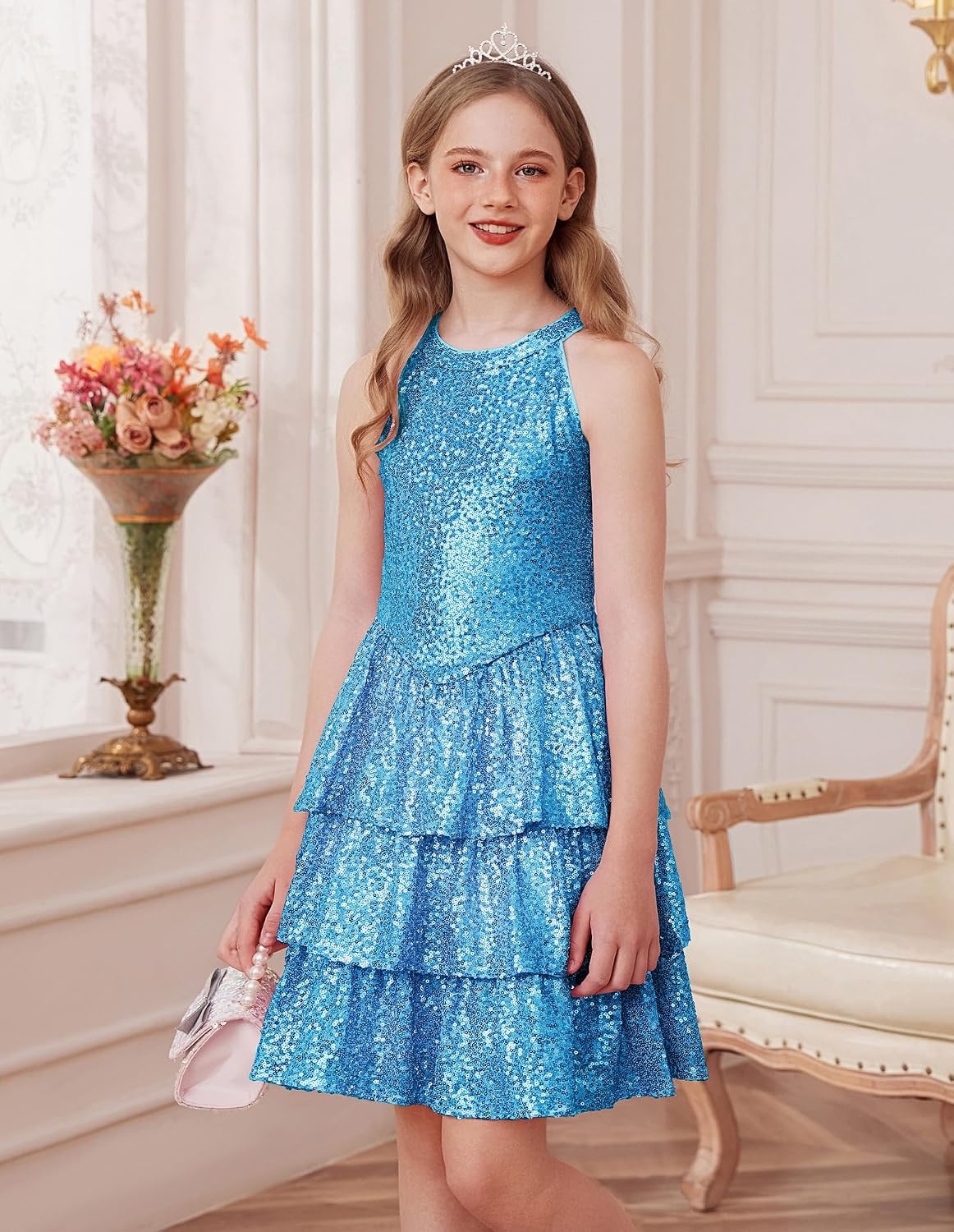 image:imageGRACE KARIN Girls Halter Neck Sparkly Sequin Party Formal Fancy Dress 614Light Blue