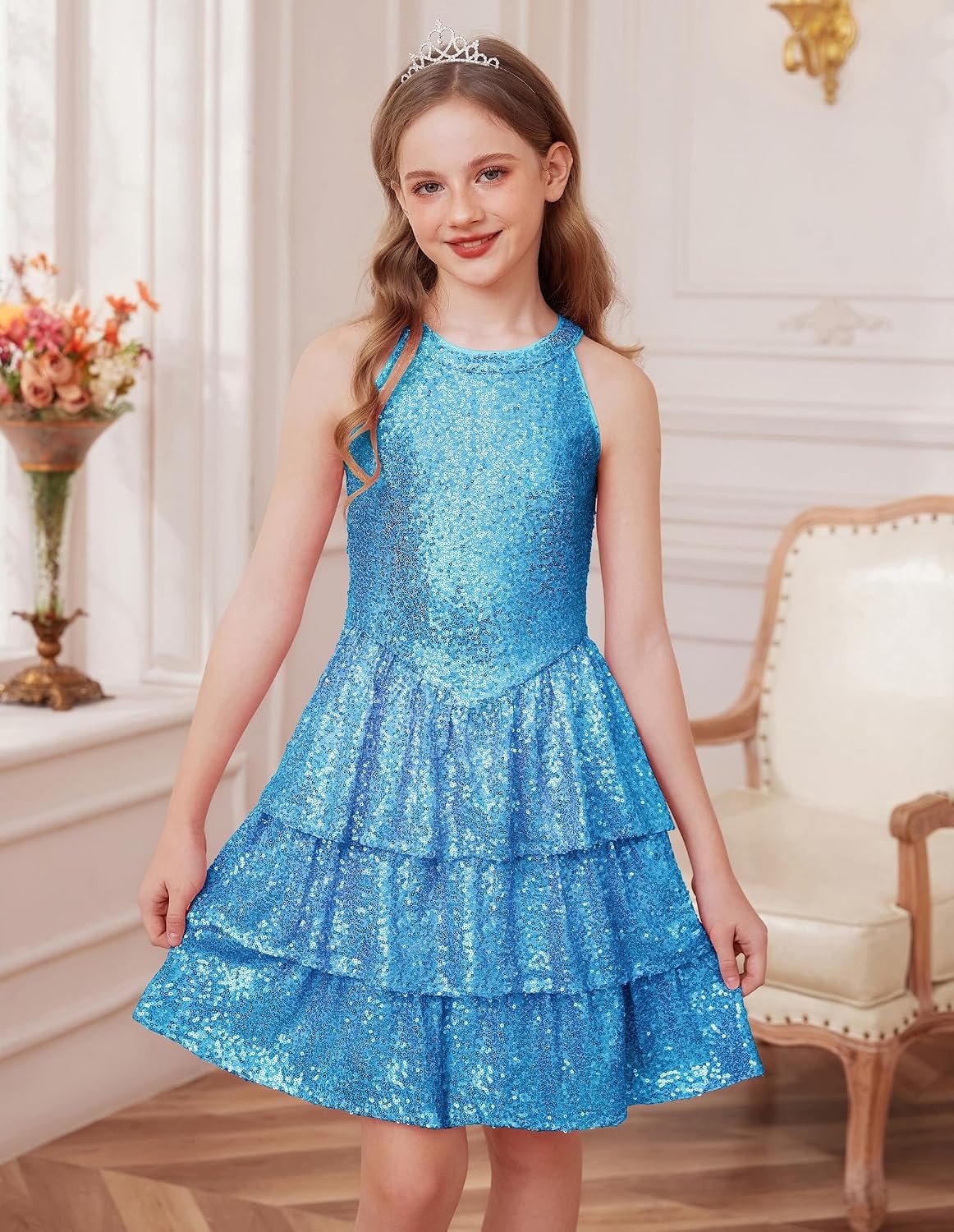 image:imageGRACE KARIN Girls Halter Neck Sparkly Sequin Party Formal Fancy Dress 614Light Blue