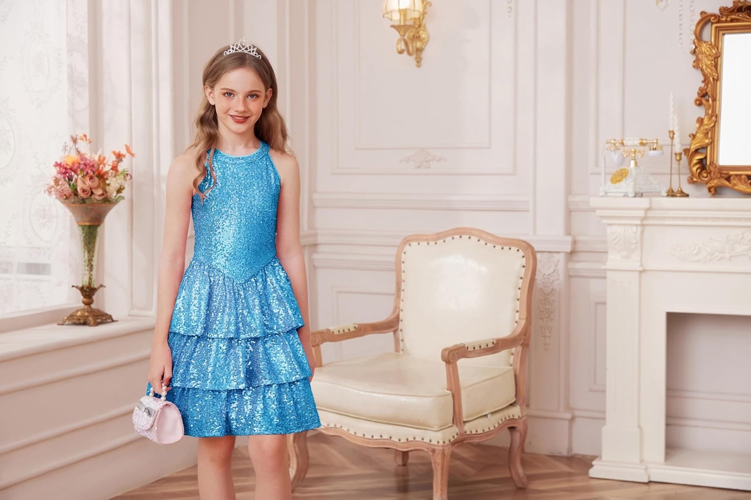 image:imageGRACE KARIN Girls Halter Neck Sparkly Sequin Party Formal Fancy Dress 614Light Blue