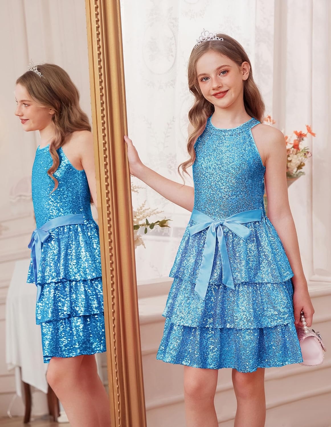 image:imageGRACE KARIN Girls Halter Neck Sparkly Sequin Party Formal Fancy Dress 614Light Blue