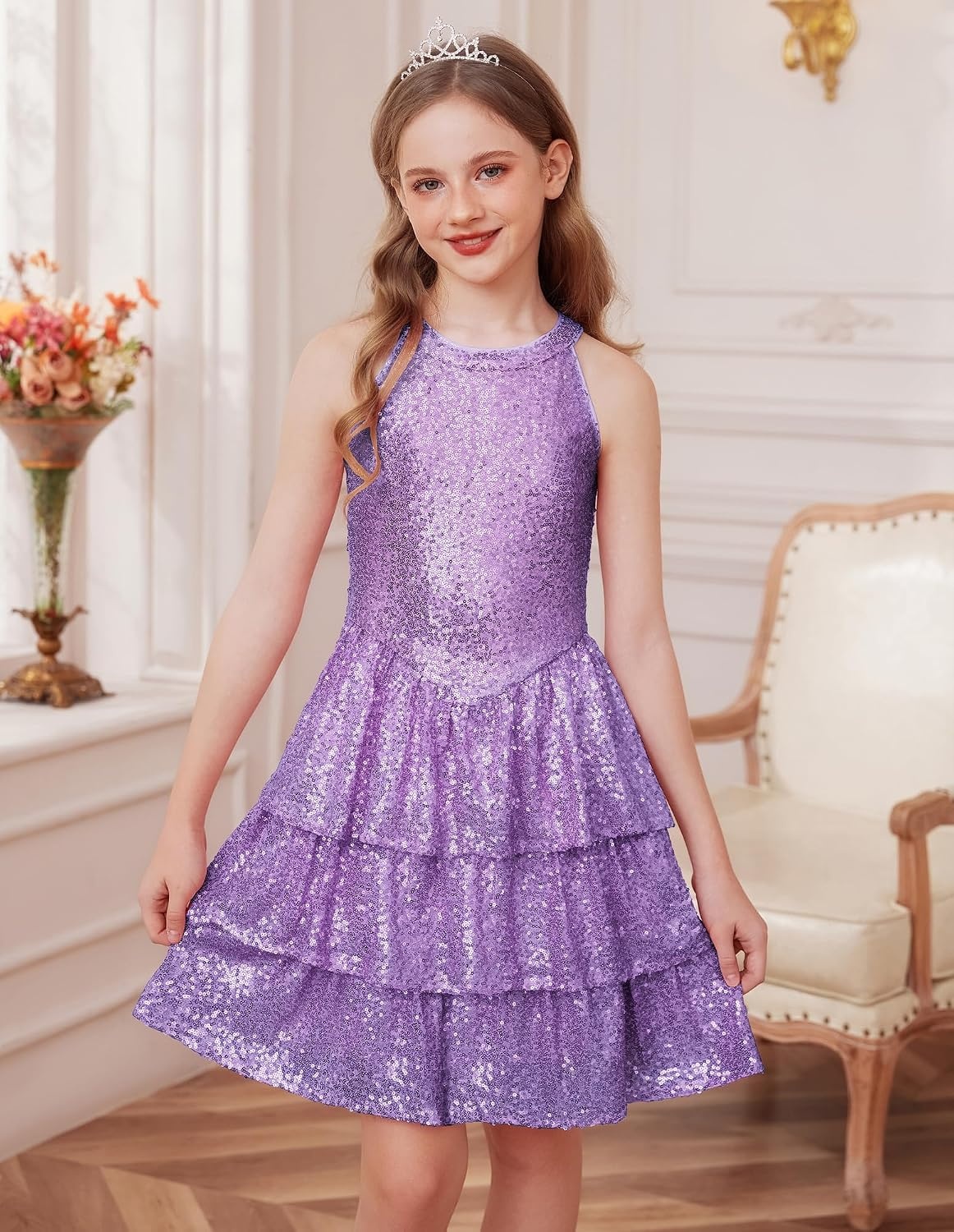 image:imageGRACE KARIN Girls Halter Neck Sparkly Sequin Party Formal Fancy Dress 614Purple