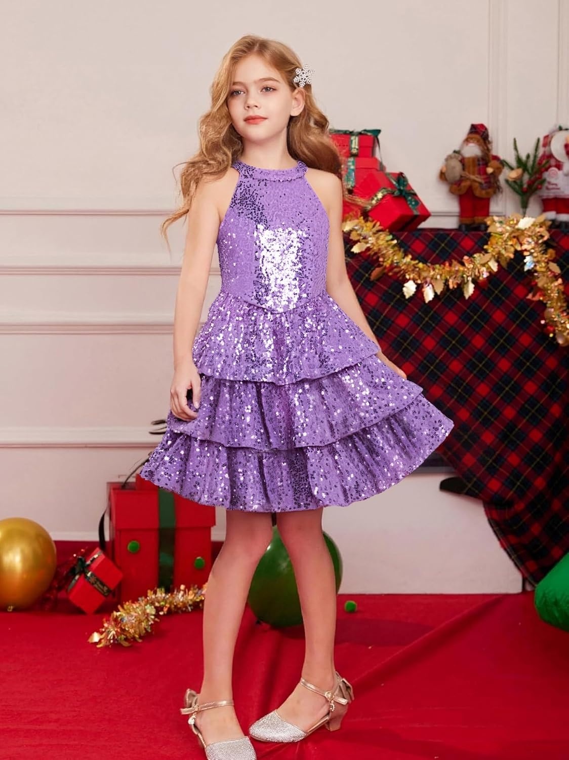 image:imageGRACE KARIN Girls Halter Neck Sparkly Sequin Party Formal Fancy Dress 614Purple