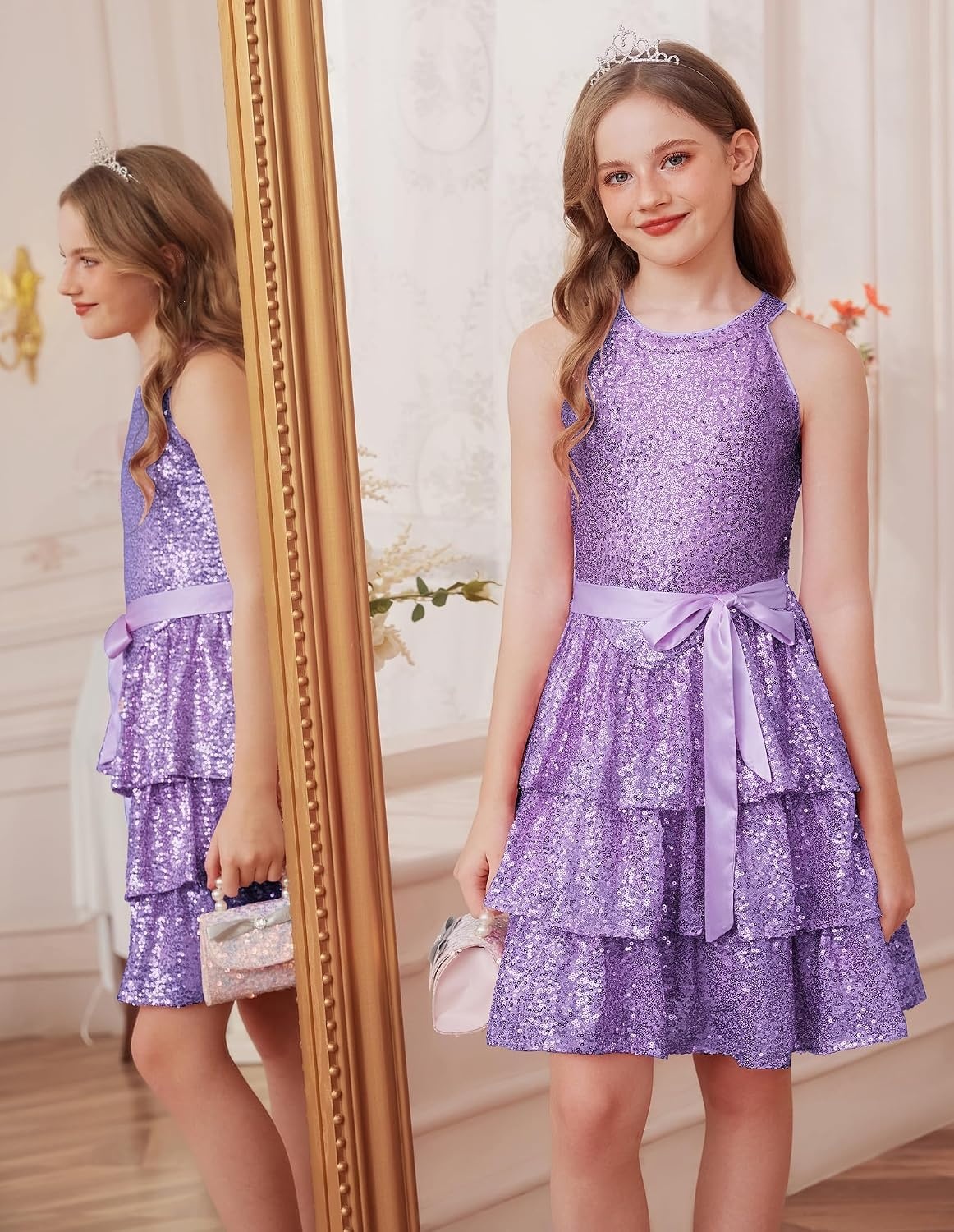 image:imageGRACE KARIN Girls Halter Neck Sparkly Sequin Party Formal Fancy Dress 614Purple