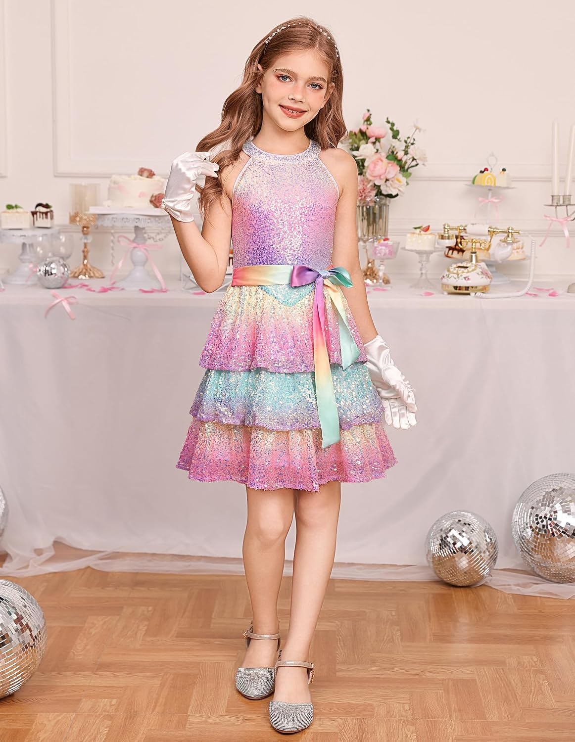 image:imageGRACE KARIN Girls Halter Neck Sparkly Sequin Party Formal Fancy Dress 614Rainbow