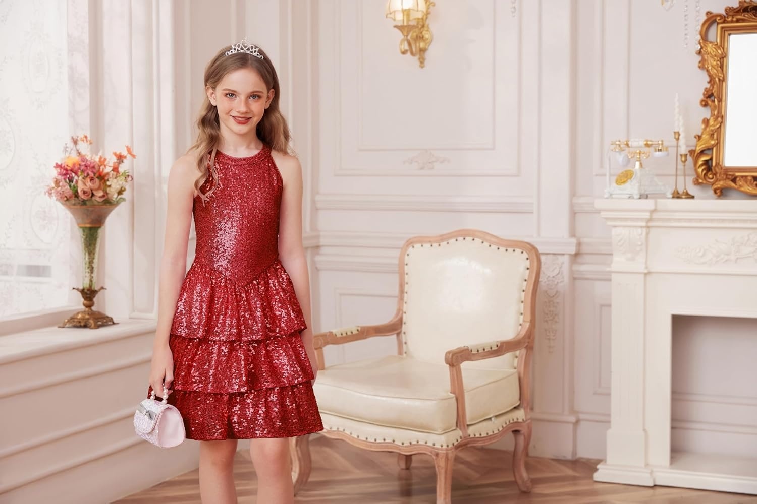 image:imageGRACE KARIN Girls Halter Neck Sparkly Sequin Party Formal Fancy Dress 614Red