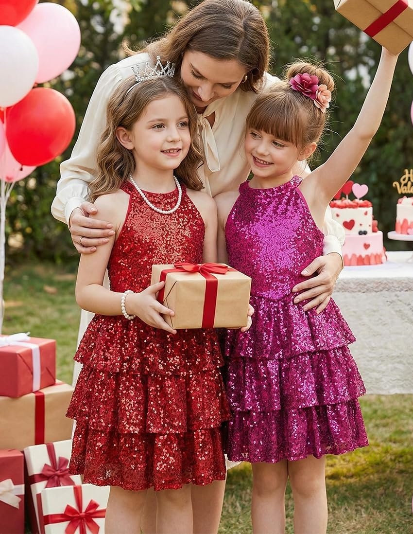 image:imageGRACE KARIN Girls Halter Neck Sparkly Sequin Party Formal Fancy Dress 614Red