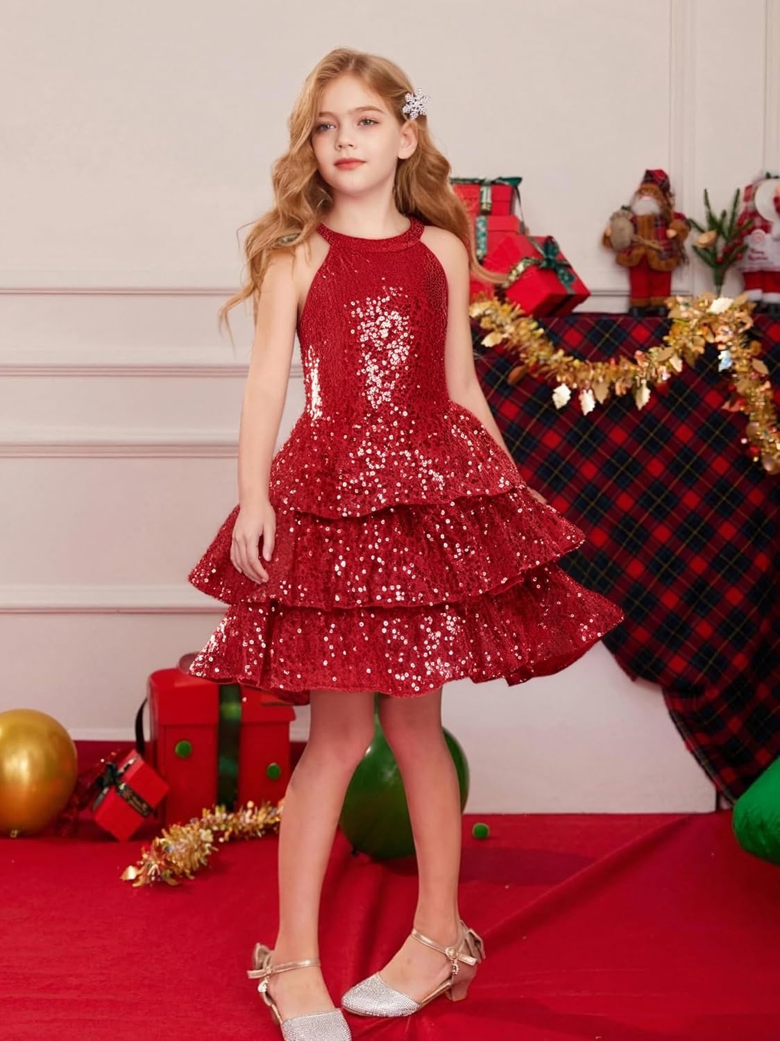 image:imageGRACE KARIN Girls Halter Neck Sparkly Sequin Party Formal Fancy Dress 614Red