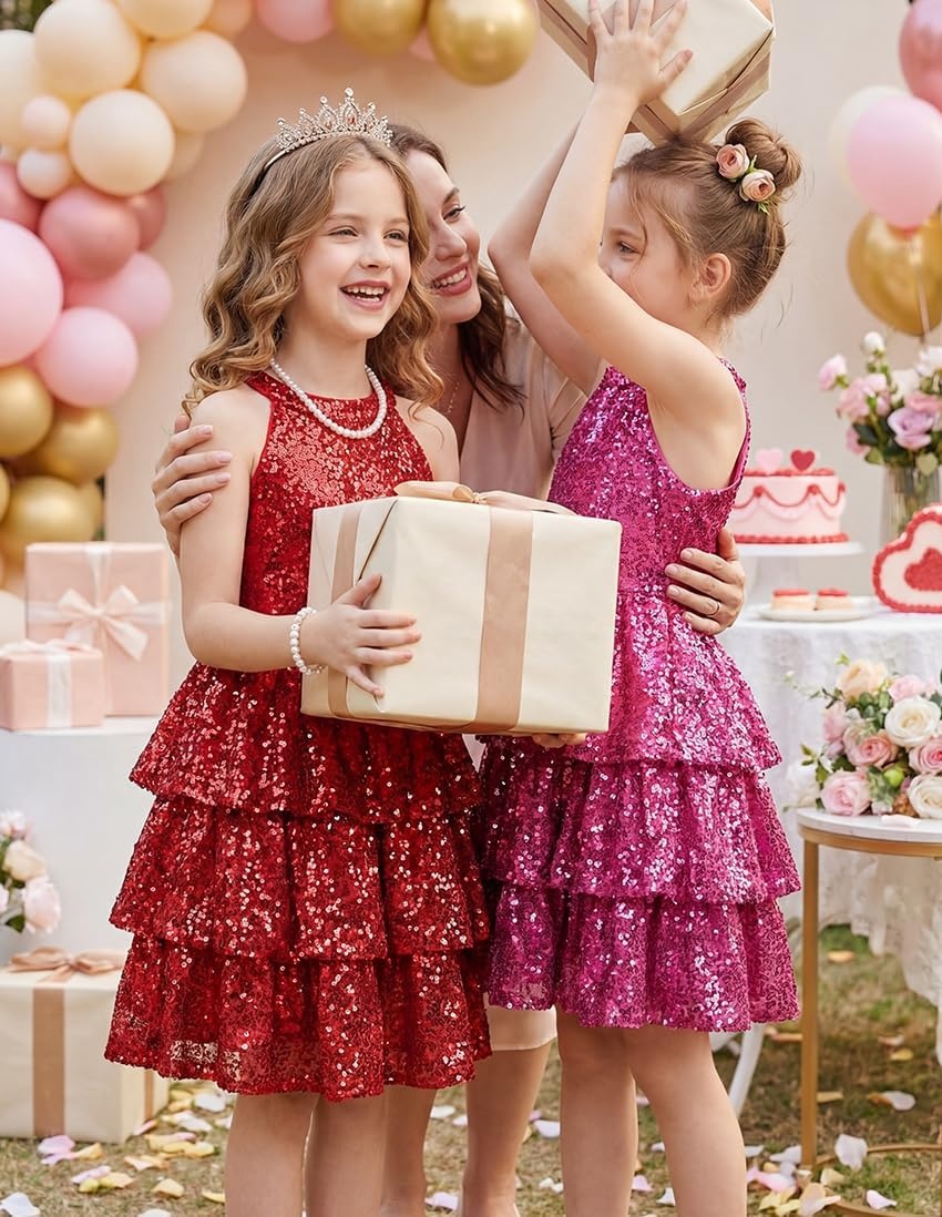 image:imageGRACE KARIN Girls Halter Neck Sparkly Sequin Party Formal Fancy Dress 614Red