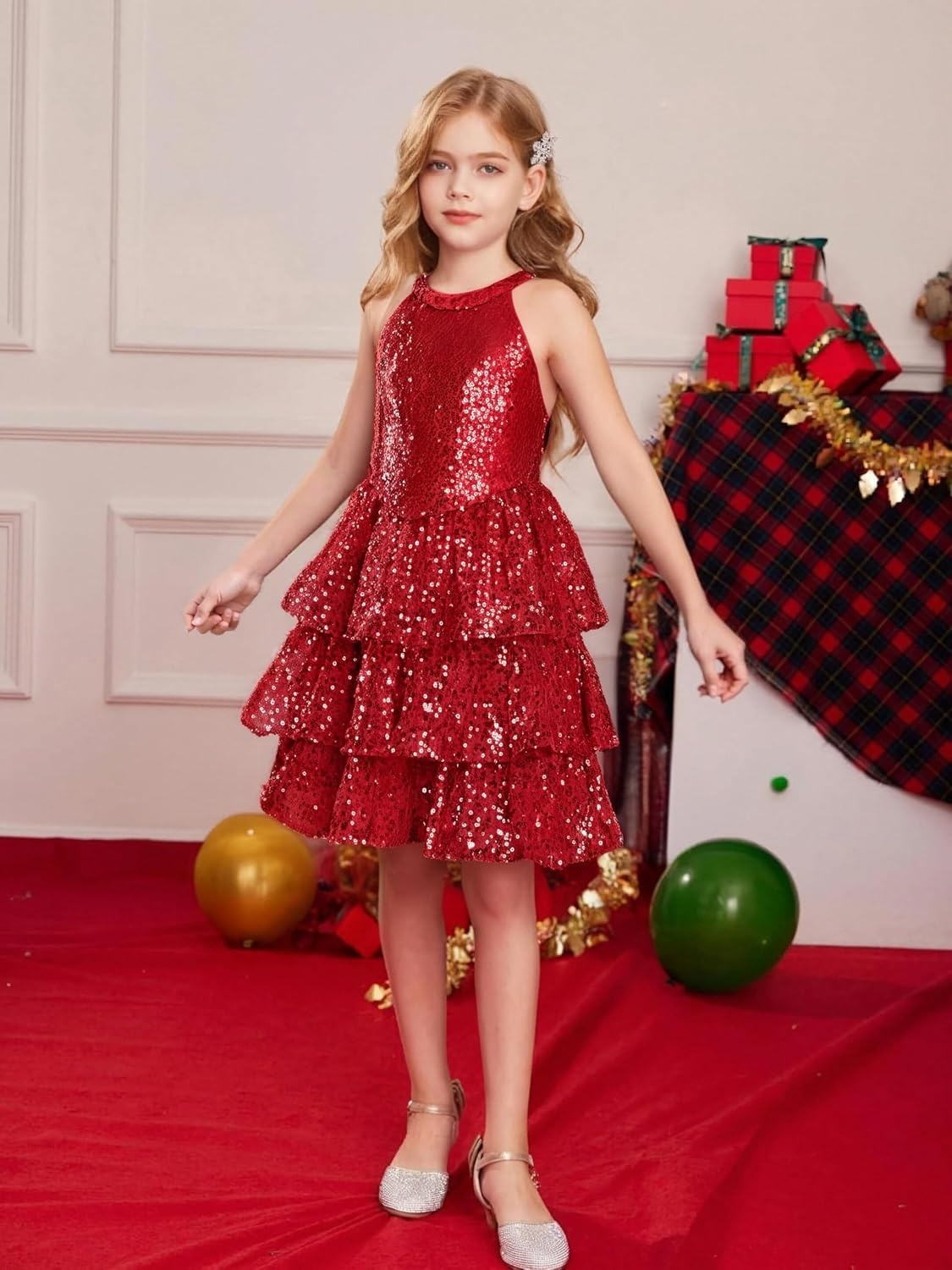 image:imageGRACE KARIN Girls Halter Neck Sparkly Sequin Party Formal Fancy Dress 614Red