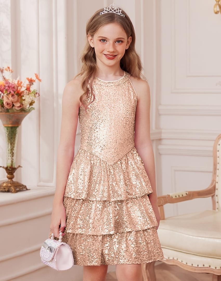 image:imageGRACE KARIN Girls Halter Neck Sparkly Sequin Party Formal Fancy Dress 614Rose Gold