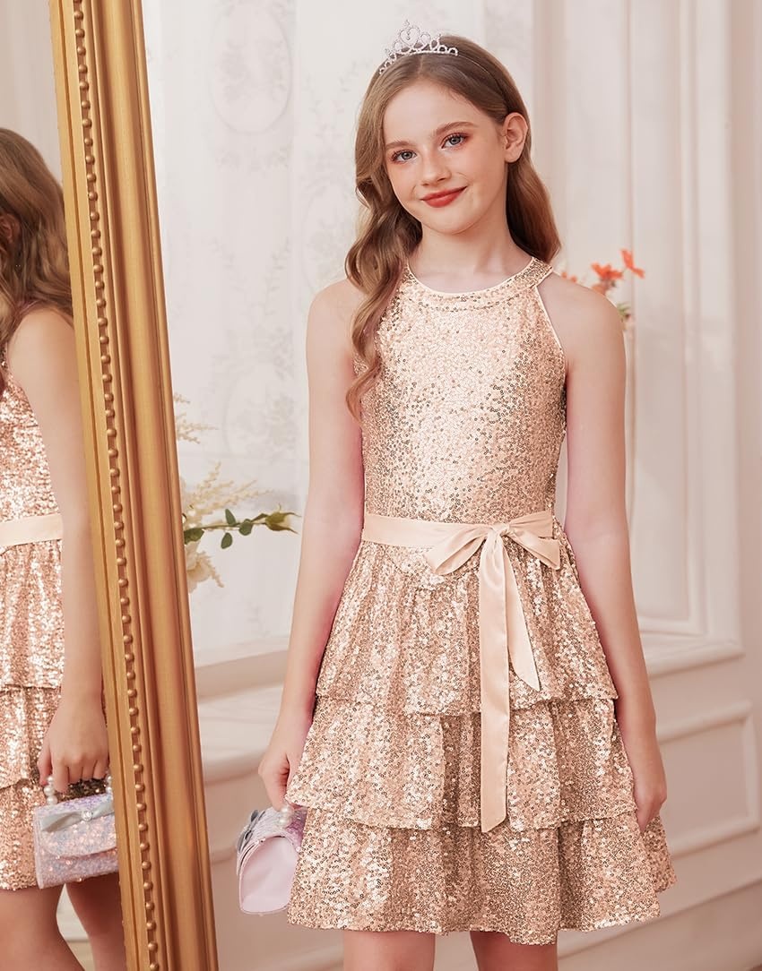 image:imageGRACE KARIN Girls Halter Neck Sparkly Sequin Party Formal Fancy Dress 614Rose Gold