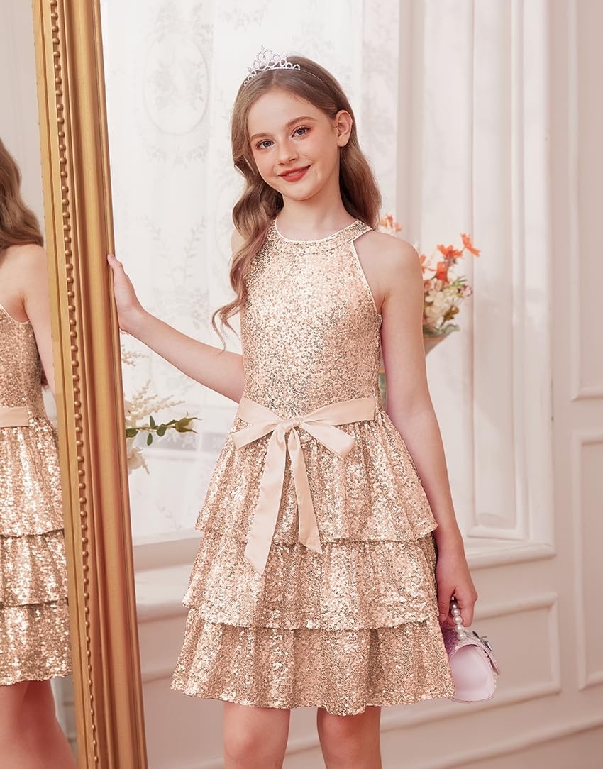 image:imageGRACE KARIN Girls Halter Neck Sparkly Sequin Party Formal Fancy Dress 614Rose Gold