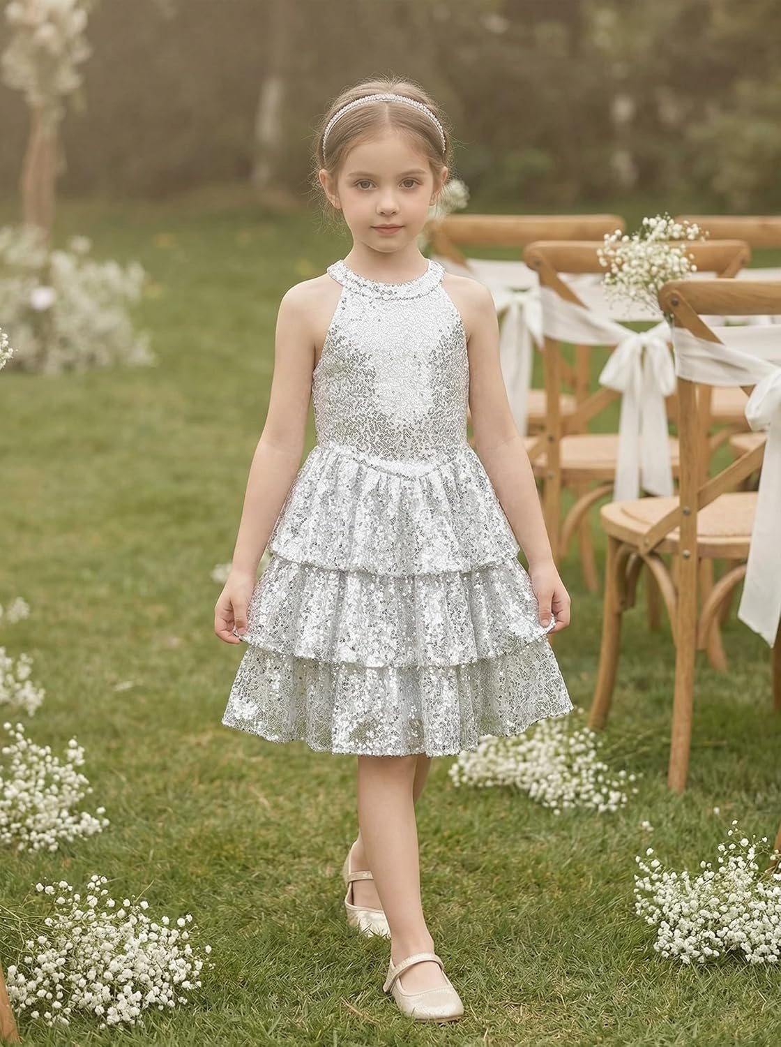 image:imageGRACE KARIN Girls Halter Neck Sparkly Sequin Party Formal Fancy Dress 614Silver White
