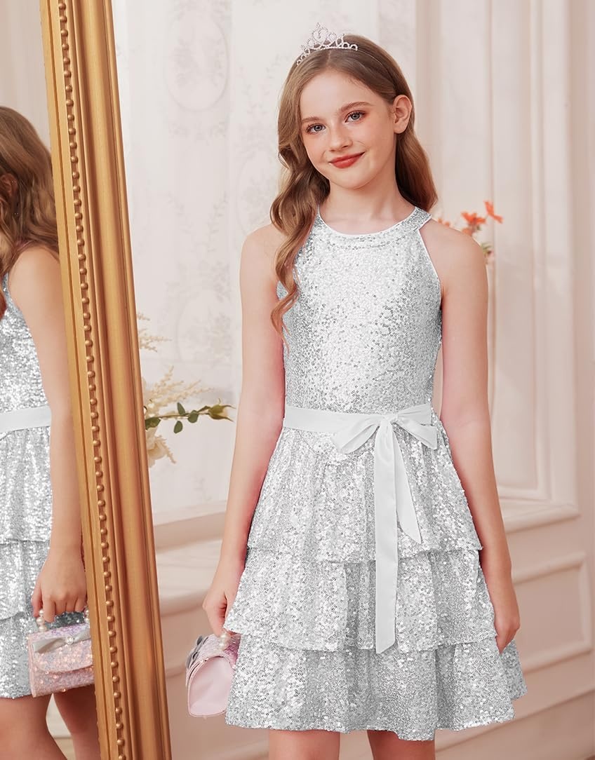 image:imageGRACE KARIN Girls Halter Neck Sparkly Sequin Party Formal Fancy Dress 614Silver White