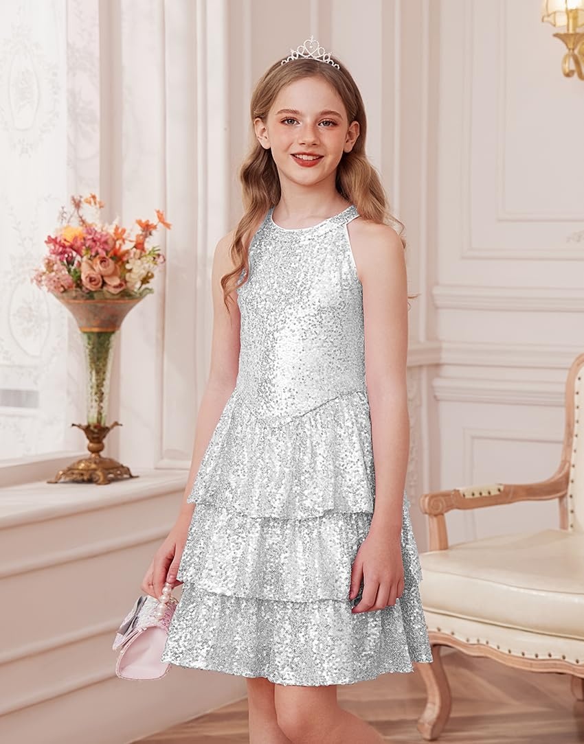 image:imageGRACE KARIN Girls Halter Neck Sparkly Sequin Party Formal Fancy Dress 614Silver White