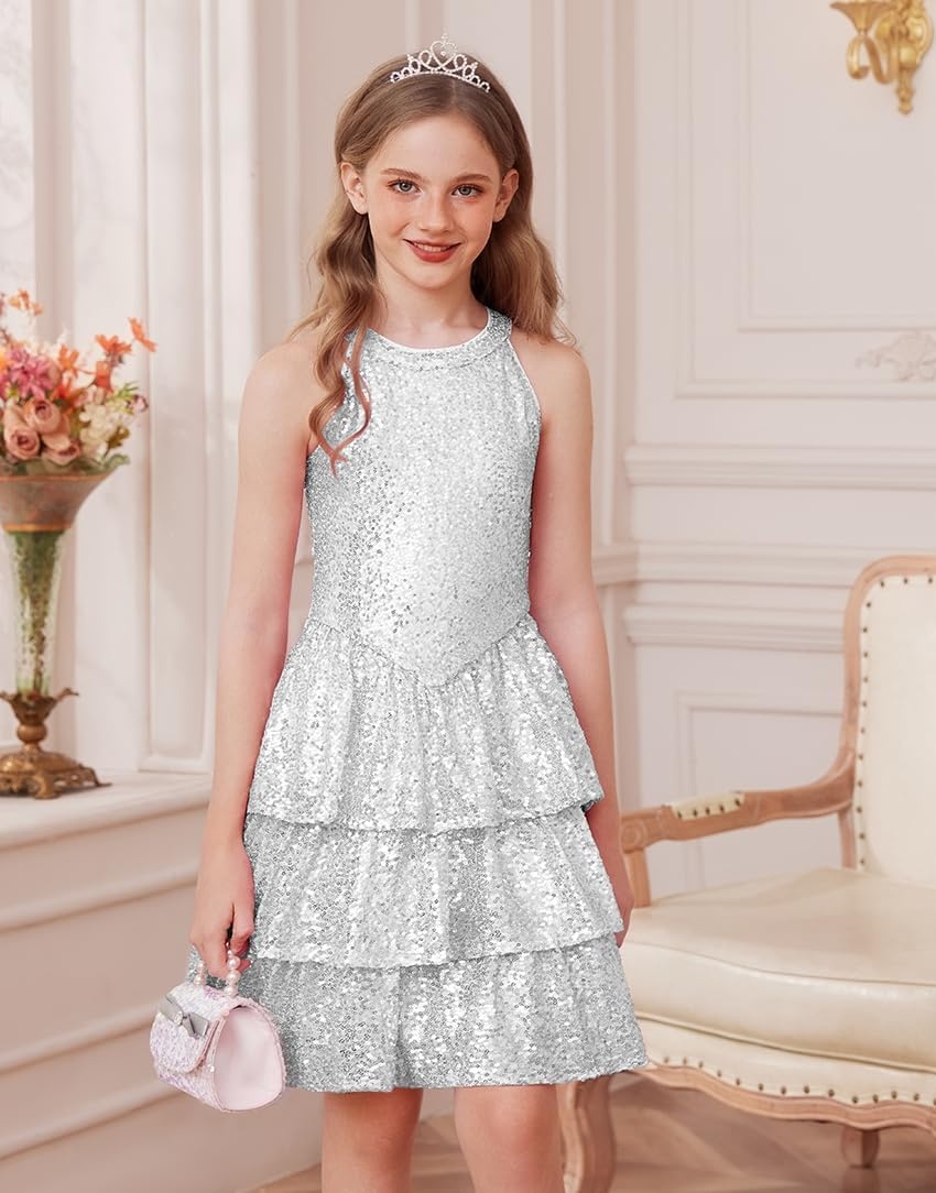 image:imageGRACE KARIN Girls Halter Neck Sparkly Sequin Party Formal Fancy Dress 614Silver White