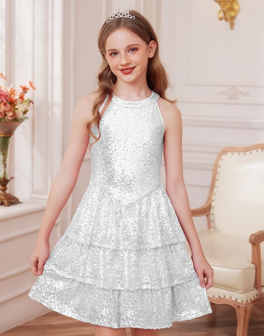 image:imageGRACE KARIN Girls Halter Neck Sparkly Sequin Party Formal Fancy Dress 614Silver White