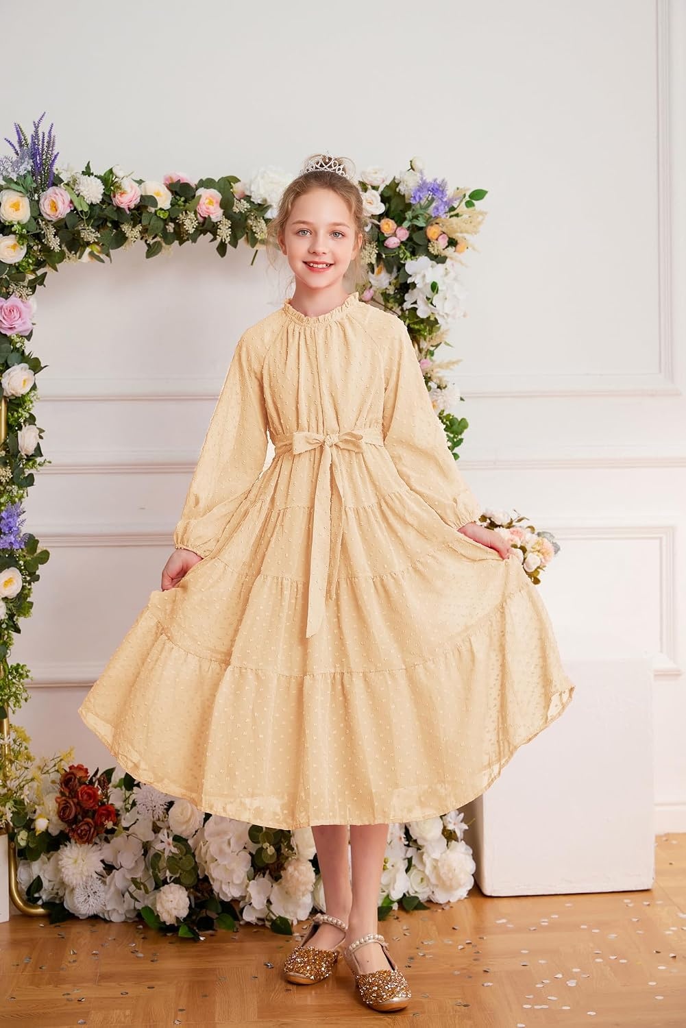 image:imageGRACE KARIN Girls Long Sleeve Dress Fall Aline Flowy Maxi Dresses 514YApricot
