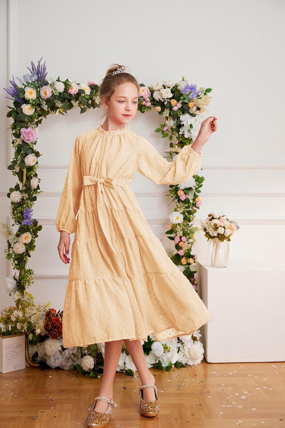image:imageGRACE KARIN Girls Long Sleeve Dress Fall Aline Flowy Maxi Dresses 514YApricot