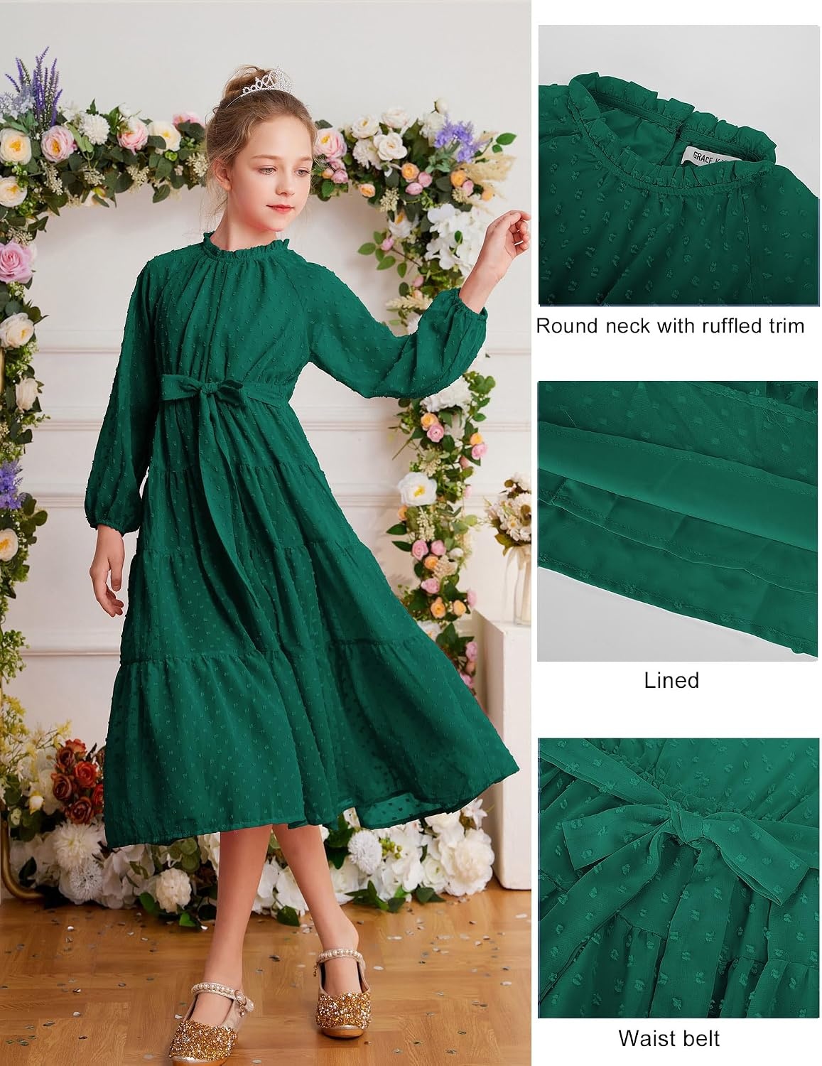 image:imageGRACE KARIN Girls Long Sleeve Dress Fall Aline Flowy Maxi Dresses 514YDark Green