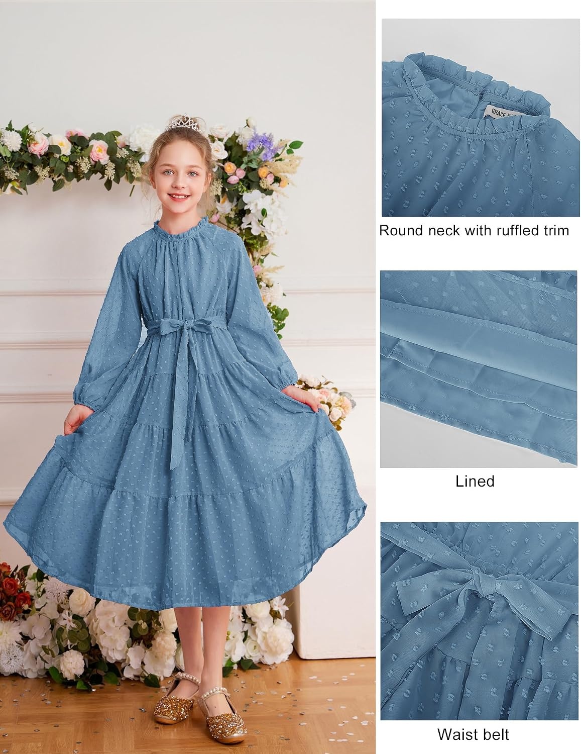 image:imageGRACE KARIN Girls Long Sleeve Dress Fall Aline Flowy Maxi Dresses 514YGrey Blue