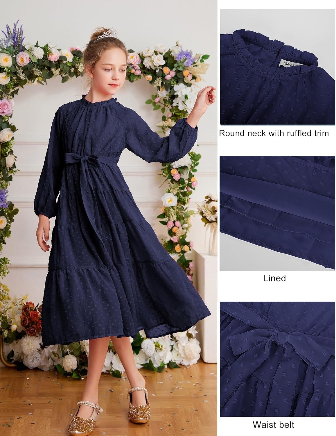 image:imageGRACE KARIN Girls Long Sleeve Dress Fall Aline Flowy Maxi Dresses 514YNavy Blue