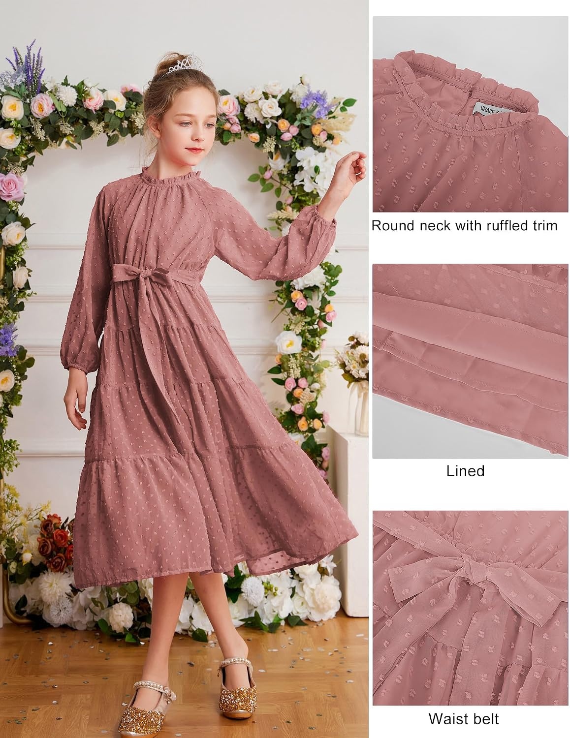 image:imageGRACE KARIN Girls Long Sleeve Dress Fall Aline Flowy Maxi Dresses 514YRedbrown