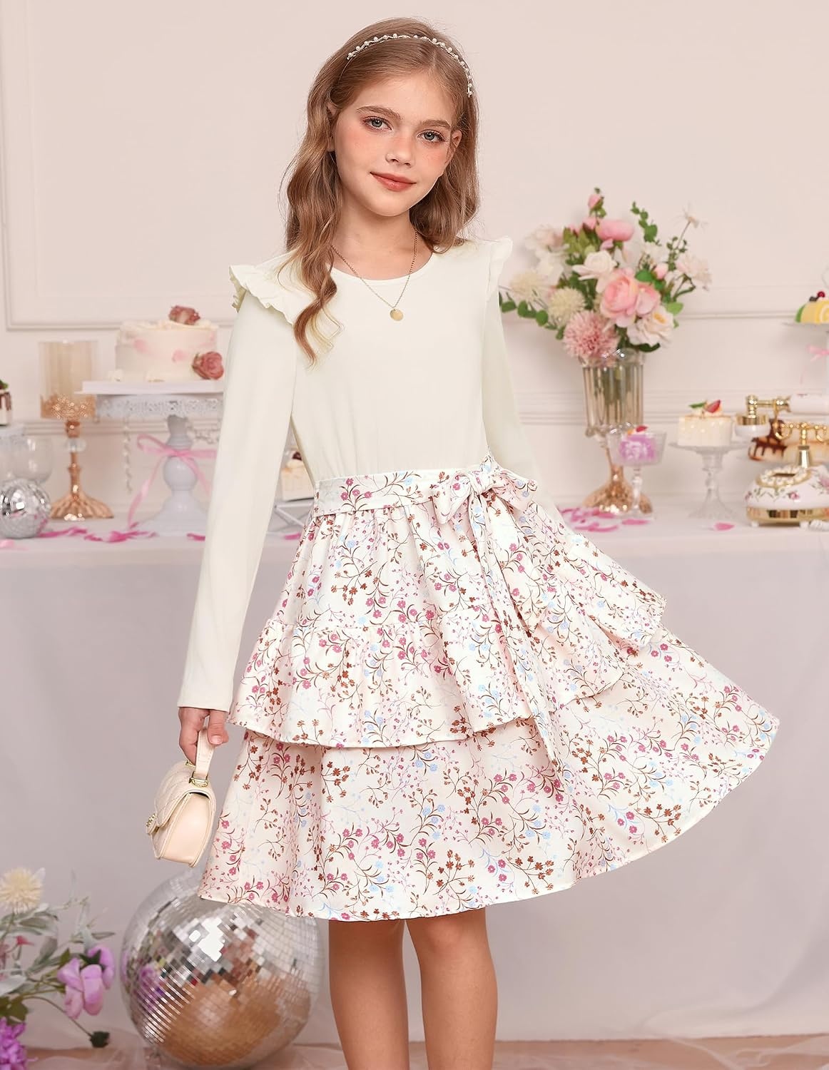 image:imageGRACE KARIN Girls Long Sleeve Dress Floral Fall Winter Church Casual 612YBeige Floral