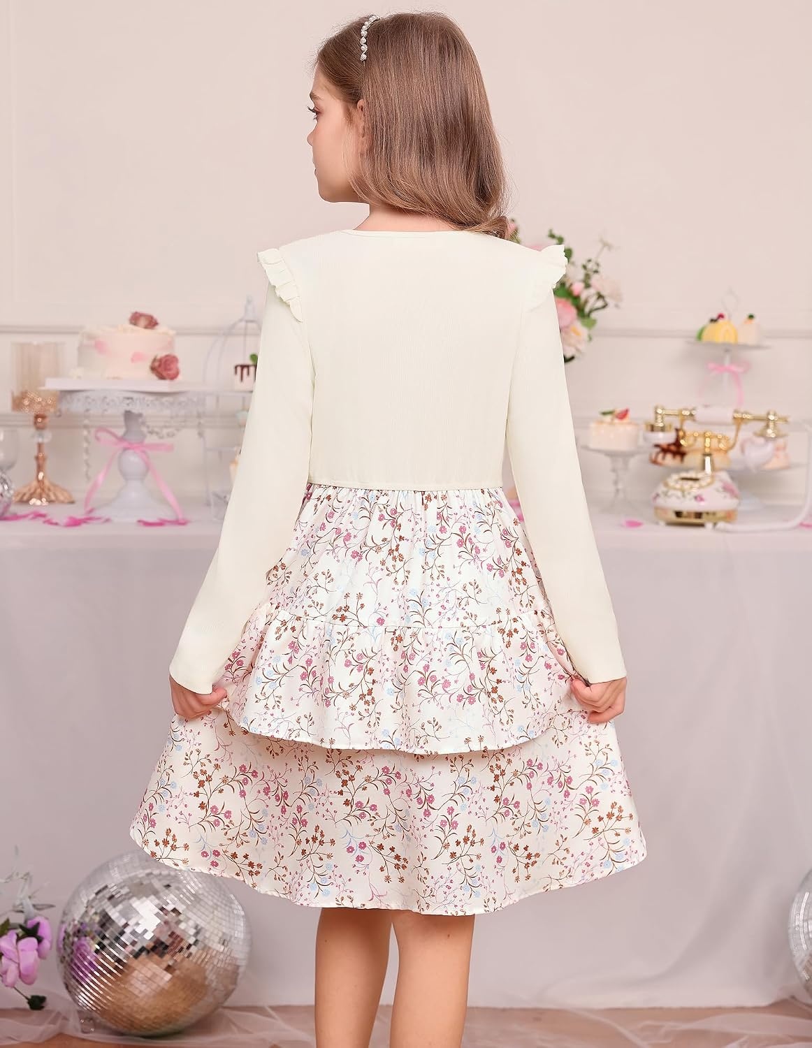 image:imageGRACE KARIN Girls Long Sleeve Dress Floral Fall Winter Church Casual 612YBeige Floral