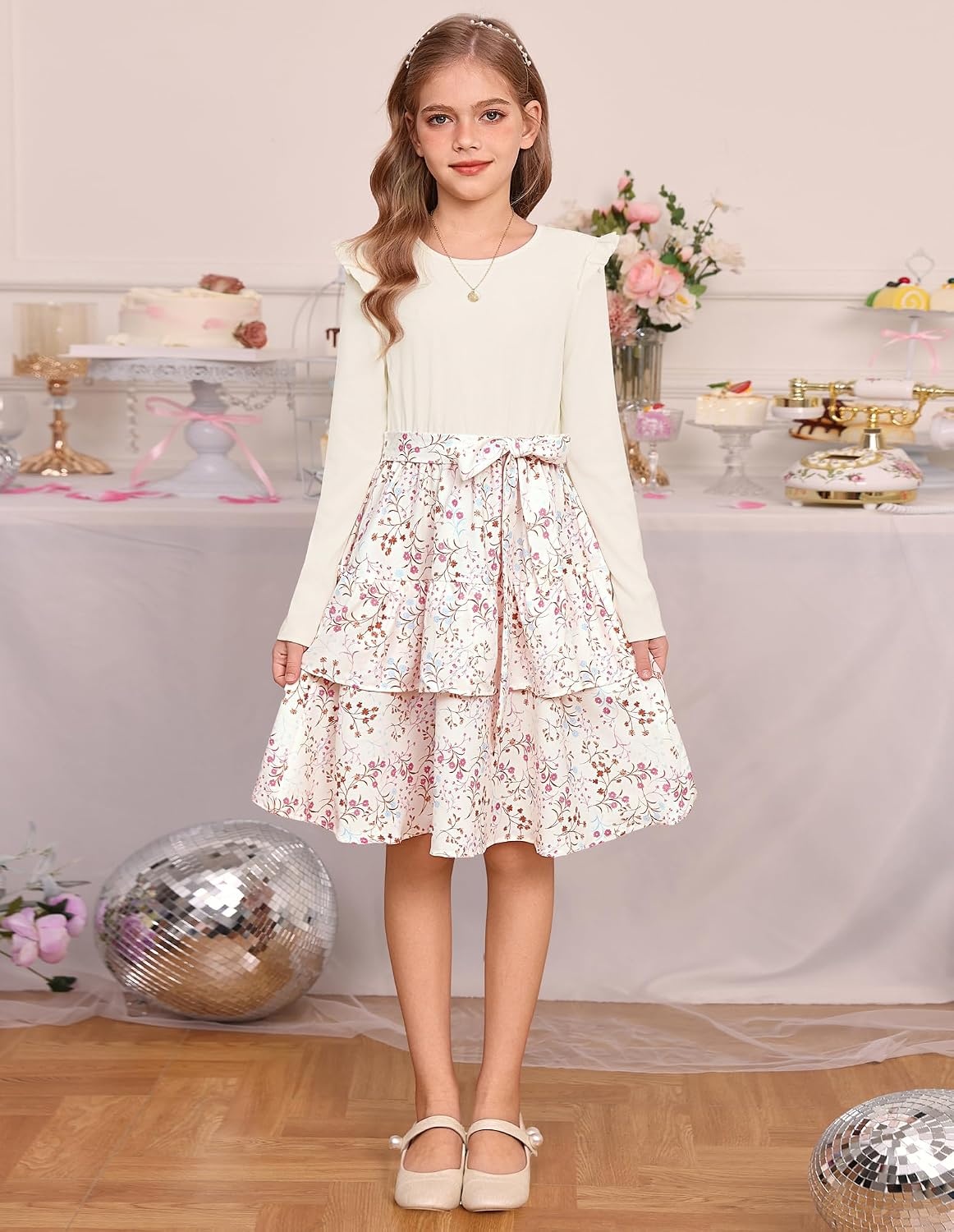 image:imageGRACE KARIN Girls Long Sleeve Dress Floral Fall Winter Church Casual 612YBeige Floral
