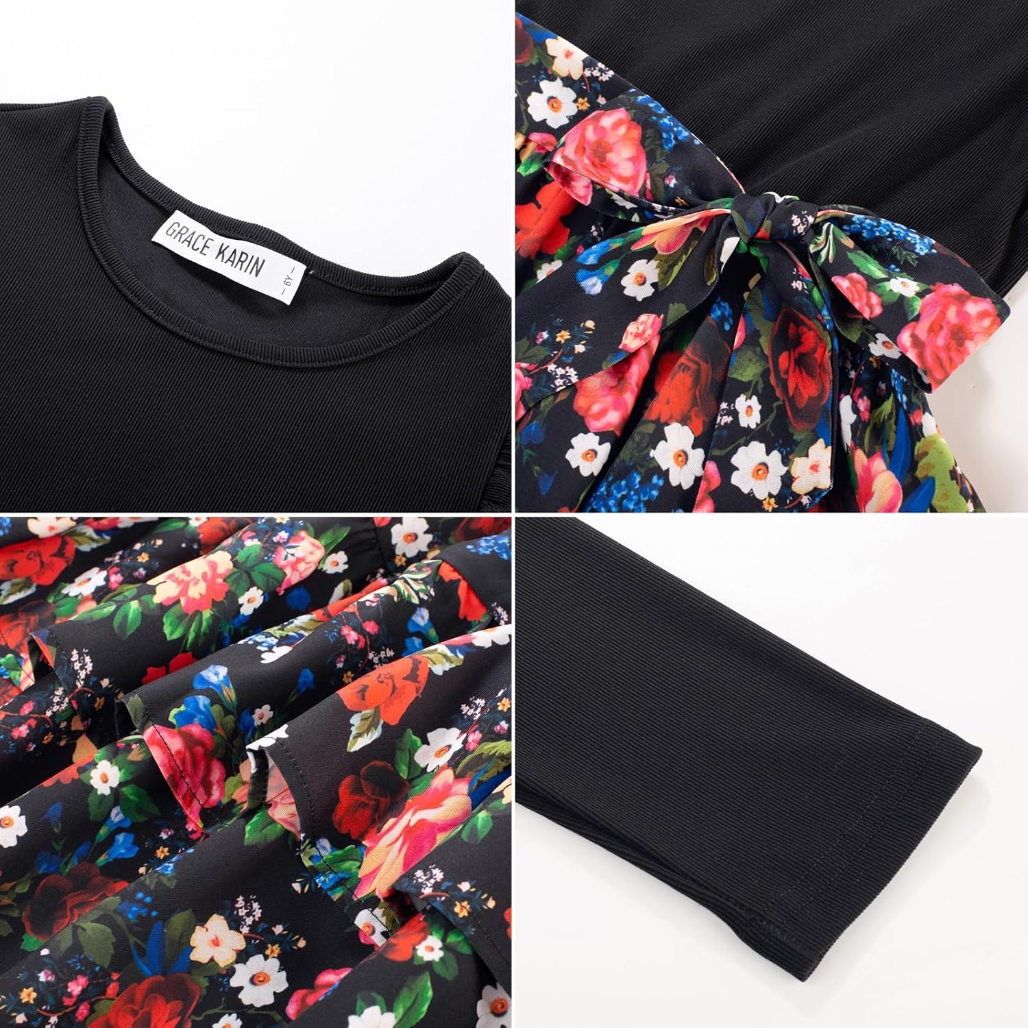image:imageGRACE KARIN Girls Long Sleeve Dress Floral Fall Winter Church Casual 612YBlack Floral