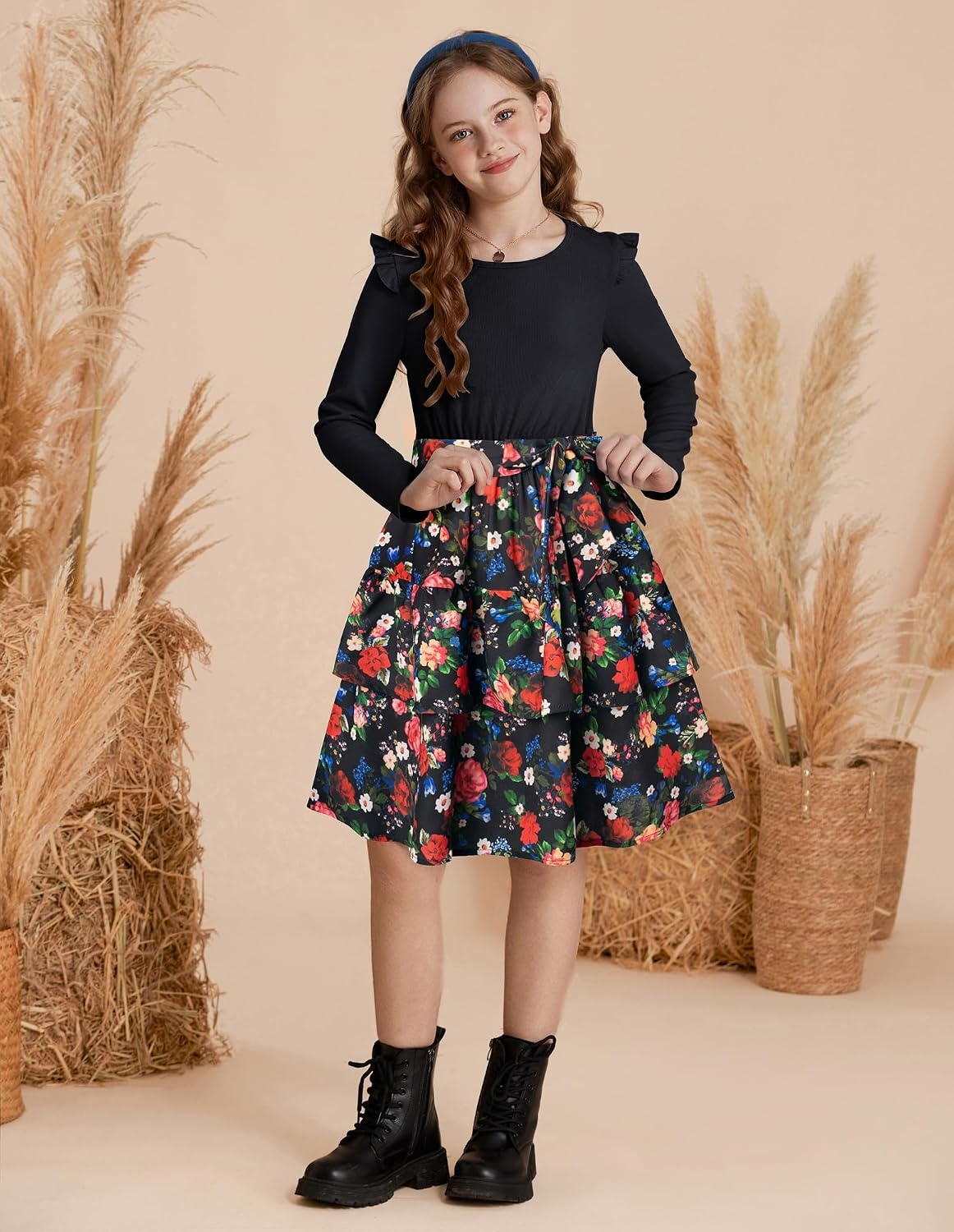 image:imageGRACE KARIN Girls Long Sleeve Dress Floral Fall Winter Church Casual 612YBlack Floral