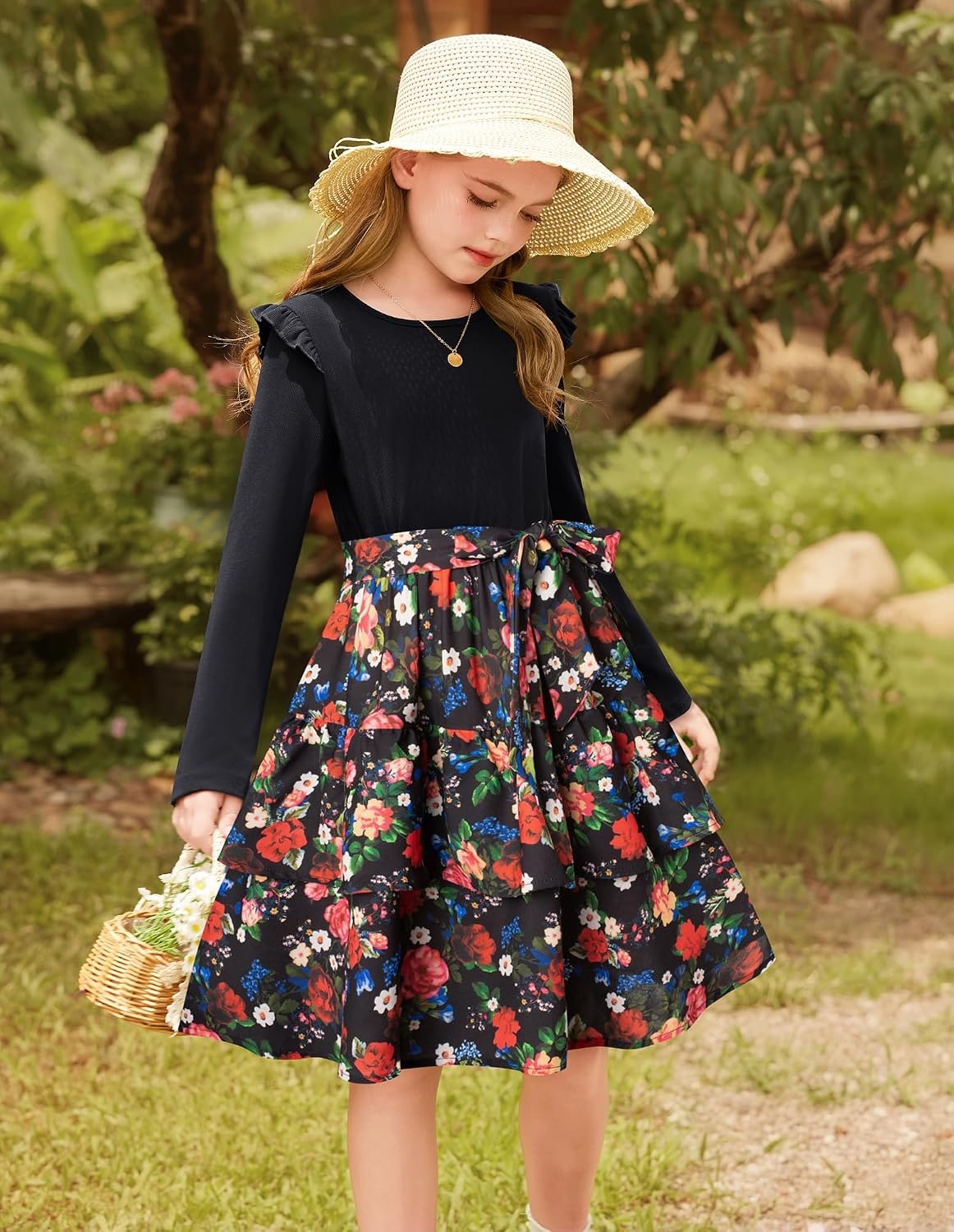 image:imageGRACE KARIN Girls Long Sleeve Dress Floral Fall Winter Church Casual 612YBlack Floral