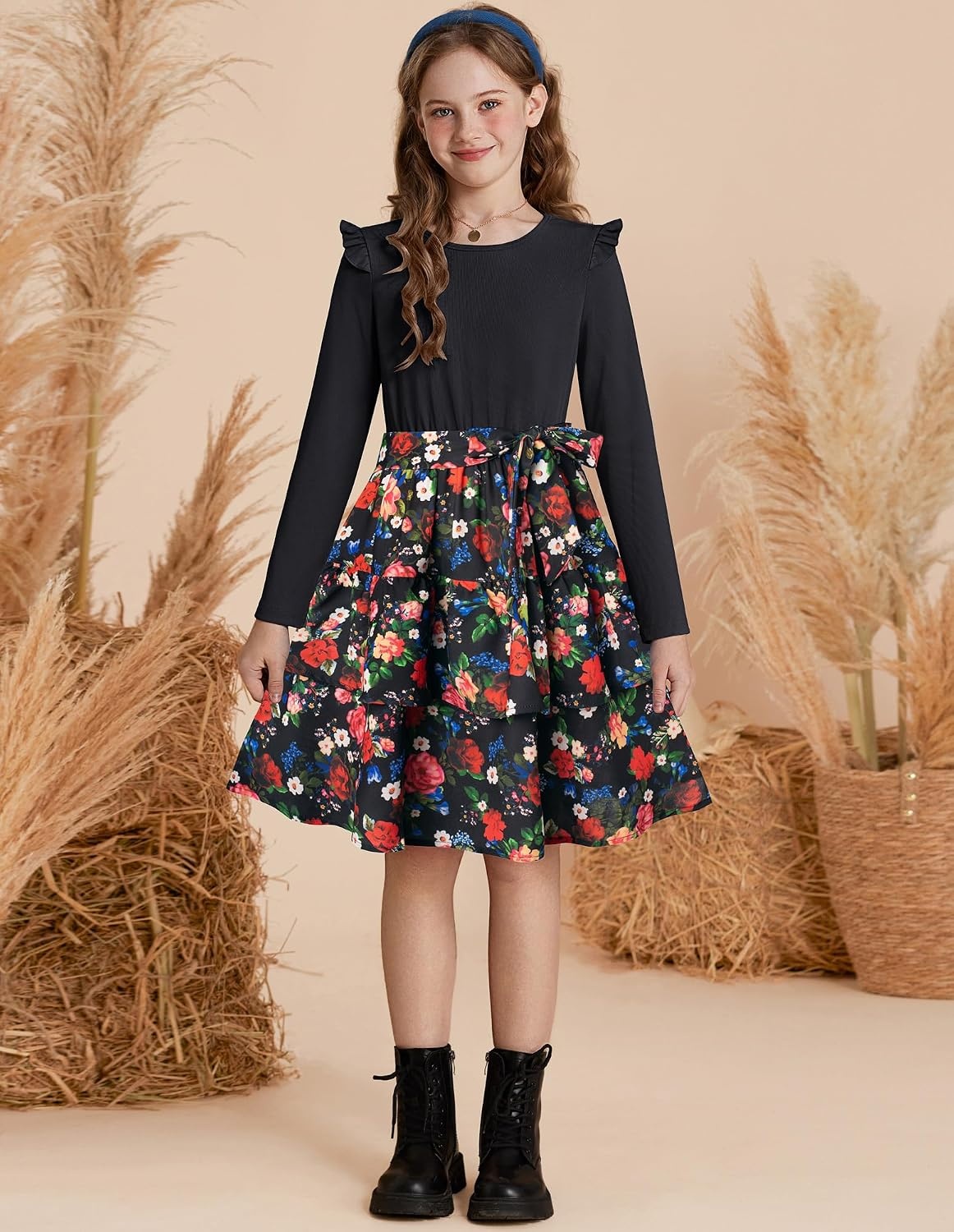 image:imageGRACE KARIN Girls Long Sleeve Dress Floral Fall Winter Church Casual 612YBlack Floral