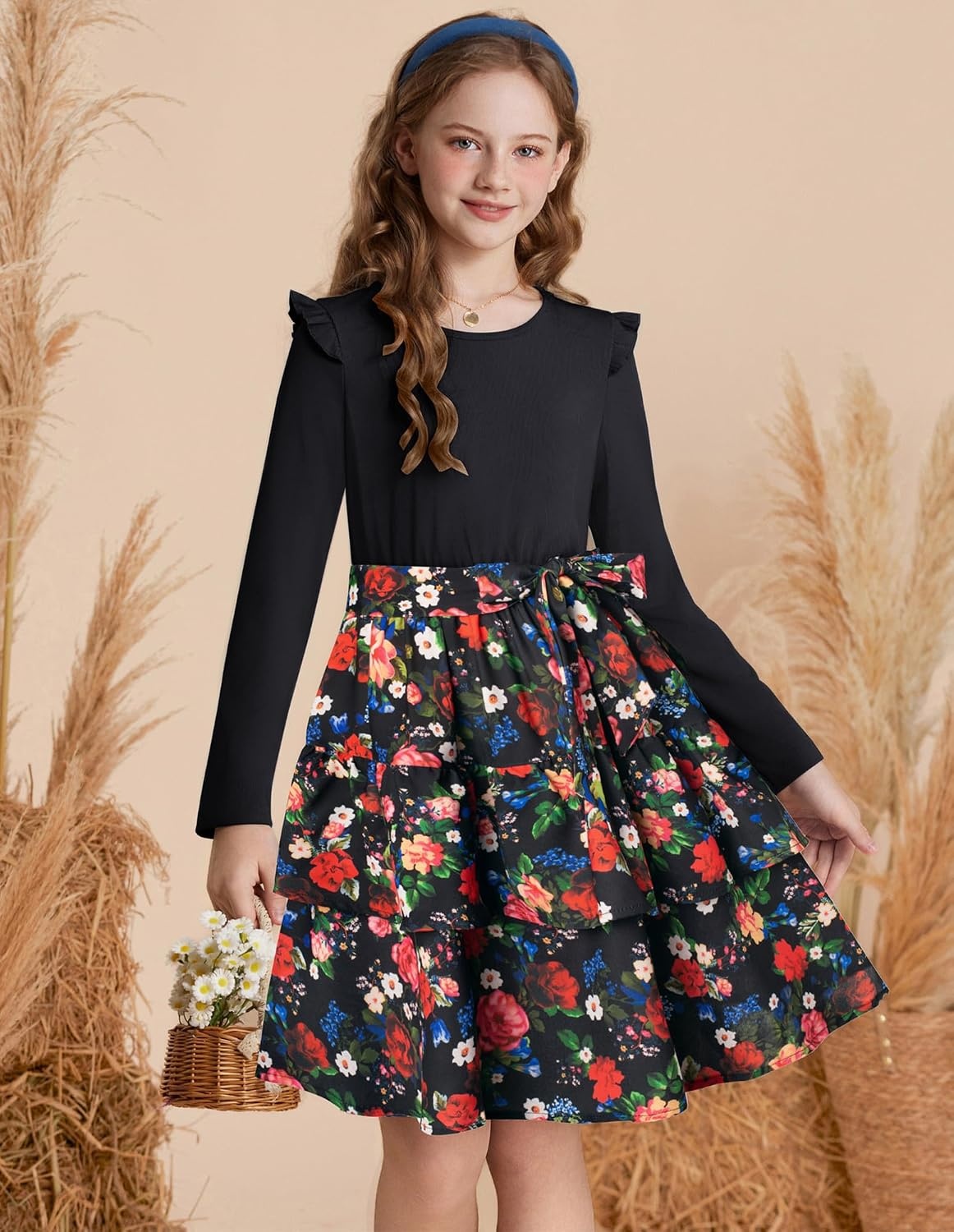 image:imageGRACE KARIN Girls Long Sleeve Dress Floral Fall Winter Church Casual 612YBlack Floral