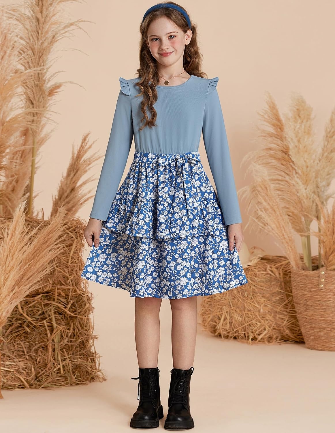 image:imageGRACE KARIN Girls Long Sleeve Dress Floral Fall Winter Church Casual 612YBlue Floral