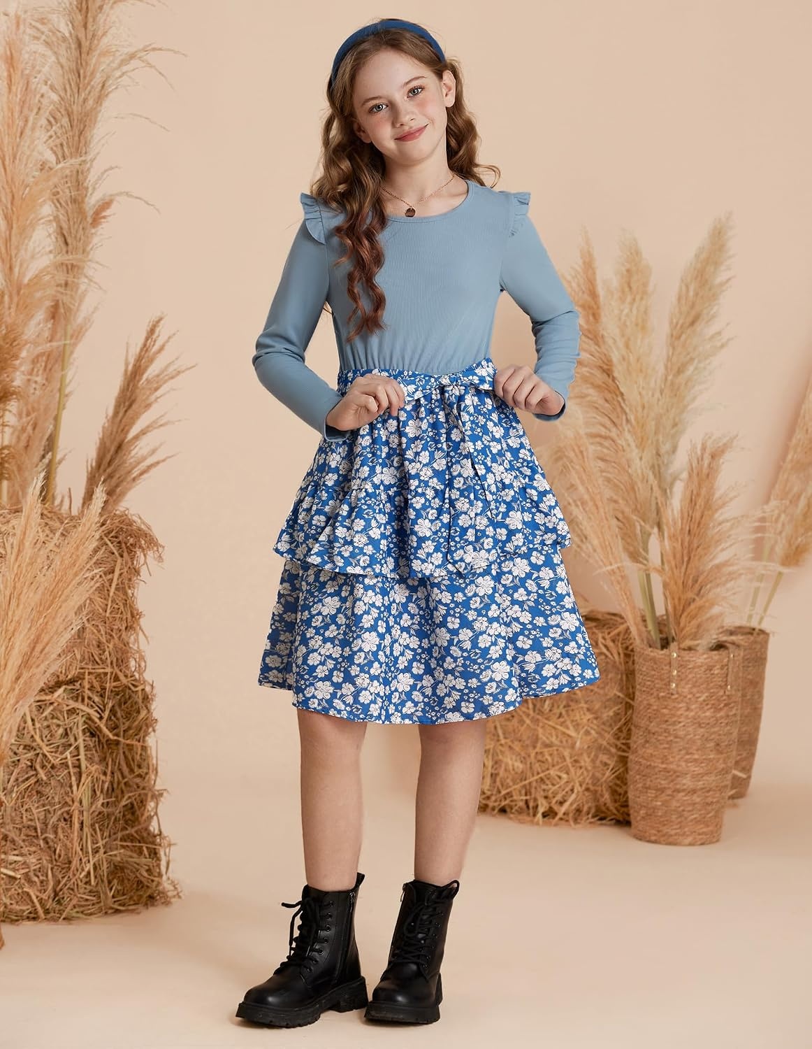 image:imageGRACE KARIN Girls Long Sleeve Dress Floral Fall Winter Church Casual 612YBlue Floral