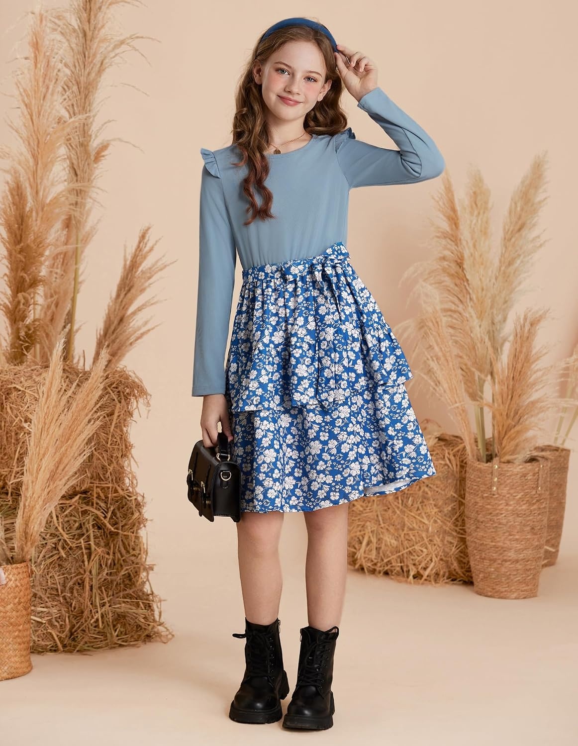 image:imageGRACE KARIN Girls Long Sleeve Dress Floral Fall Winter Church Casual 612YBlue Floral