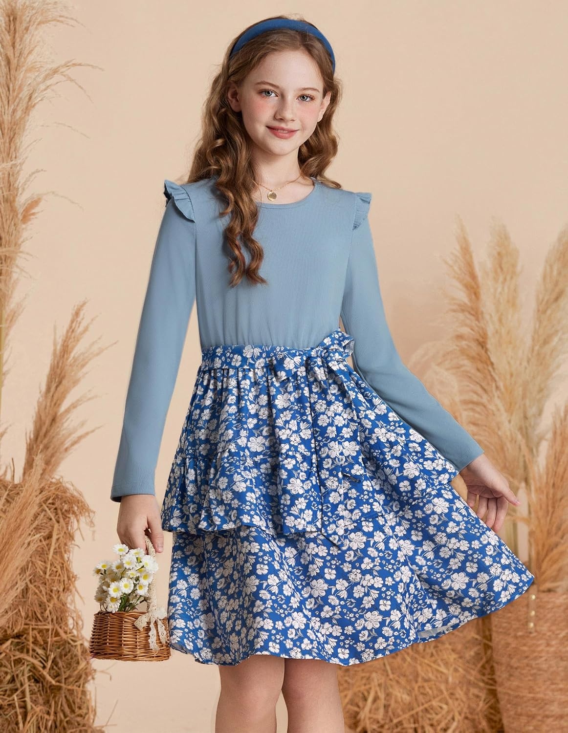 image:imageGRACE KARIN Girls Long Sleeve Dress Floral Fall Winter Church Casual 612YBlue Floral