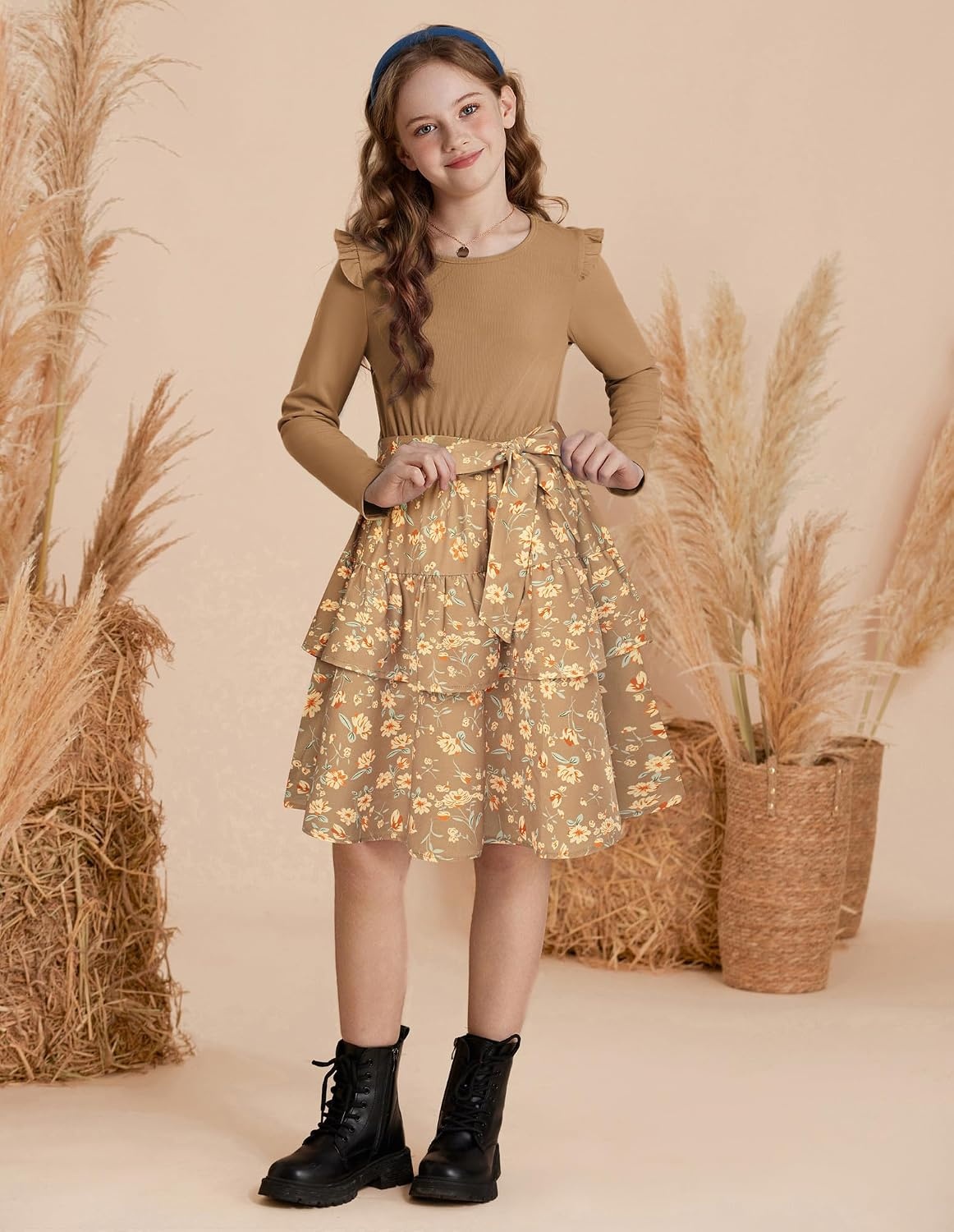 image:imageGRACE KARIN Girls Long Sleeve Dress Floral Fall Winter Church Casual 612YBrown Floral